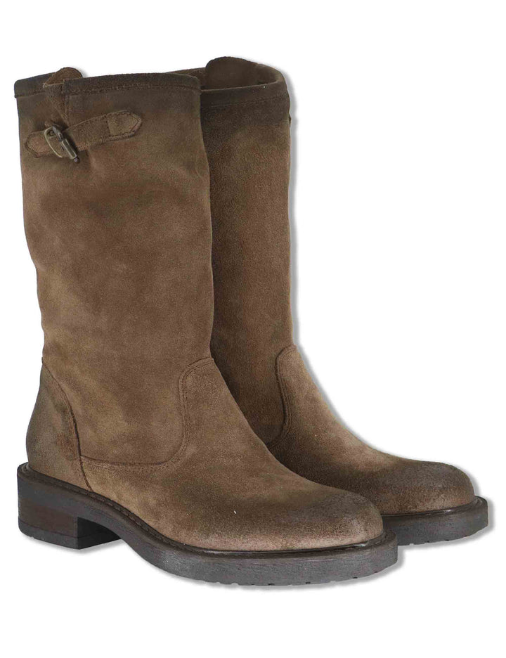 Anfibi biker donna in camoscio taupe vintage con cinturino fibbia zip interna e punta tonda SPAK2560 032 Spatarella 