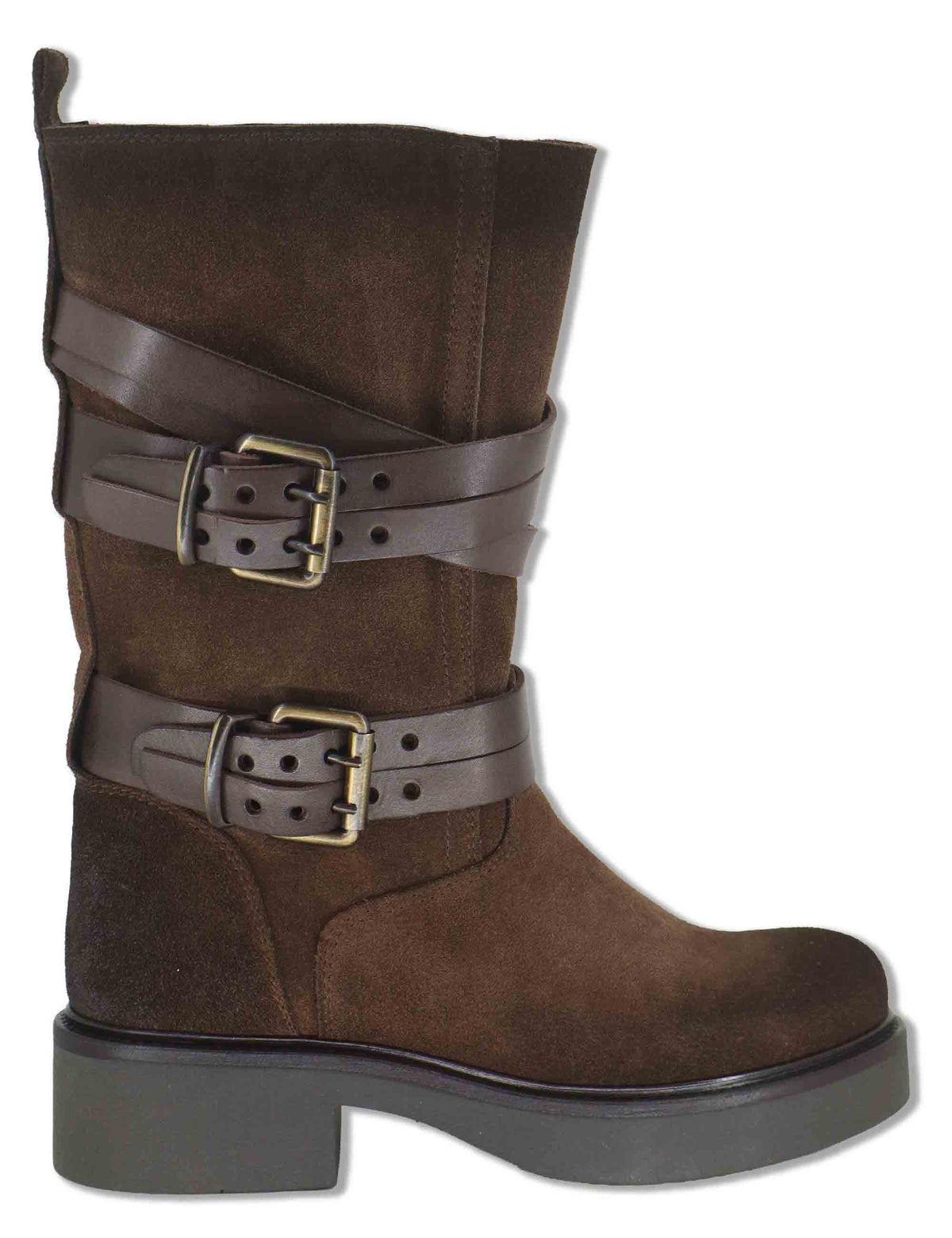Stivaletti biker donna in camoscio testa di moro vintage con cinturini fibbie SPNU2554 014 Spatarella 
