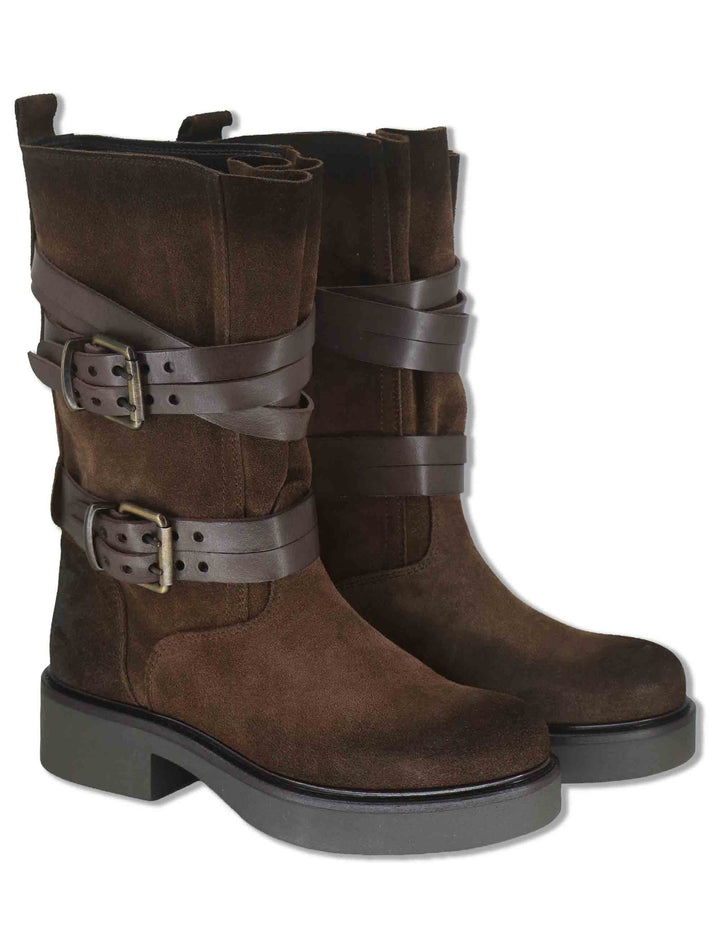 Stivaletti biker donna in camoscio testa di moro vintage con cinturini fibbie SPNU2554 014 Spatarella 