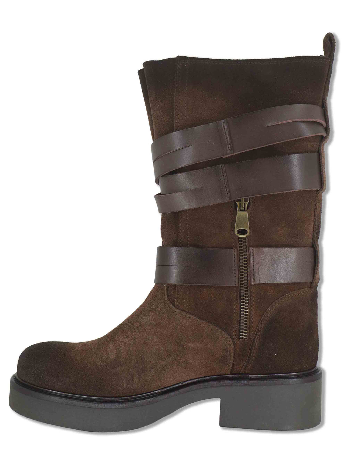 Stivaletti biker donna in camoscio testa di moro vintage con cinturini fibbie SPNU2554 014 Spatarella 