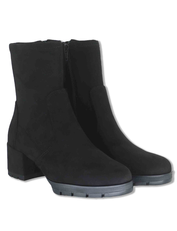 Stivaletti donna in camoscio ed eco camoscio elasticizzato nero con zip interna tacco basso e plateau JELINE_ST BLACK Unisa 