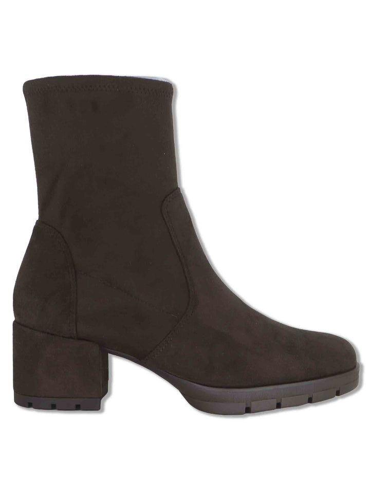 Stivaletti donna in camoscio ed eco camoscio elasticizzato moro con zip interna tacco basso e plateau JELINE_ST TESTA Unisa 