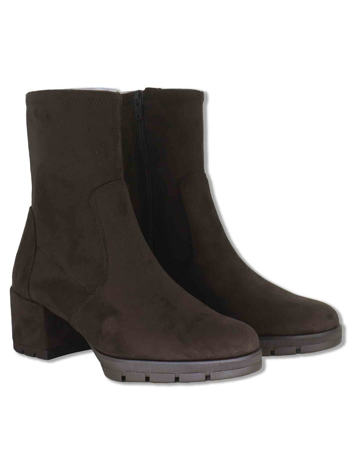 Stivaletti donna in camoscio ed eco camoscio elasticizzato moro con zip interna tacco basso e plateau JELINE_ST TESTA Unisa 