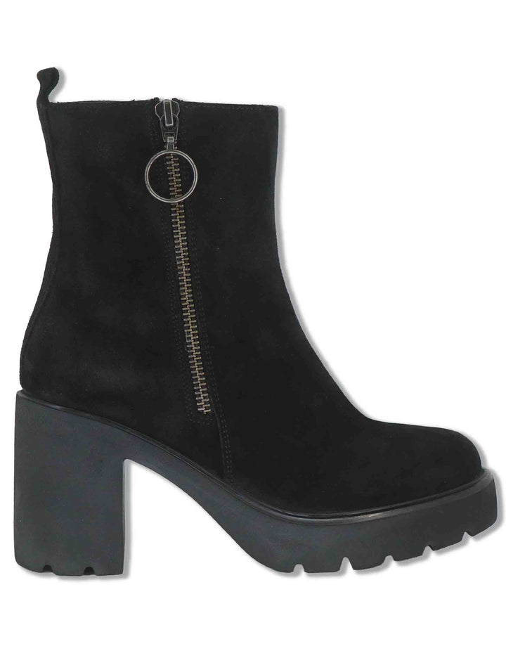 Stivaletti donna in camoscio nero con cerniera esterna decorativa tacco alto e plateau KERRY_BS BLACK Unisa 