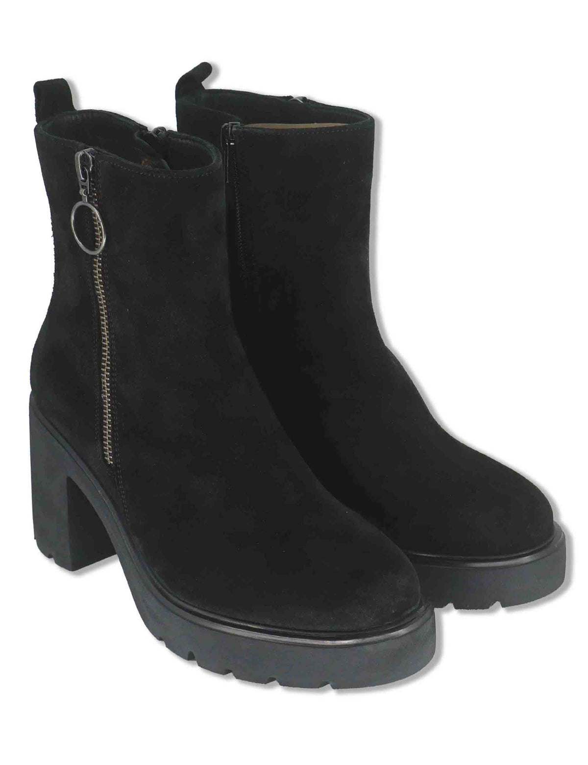 Stivaletti donna in camoscio nero con cerniera esterna decorativa tacco alto e plateau KERRY_BS BLACK Unisa 