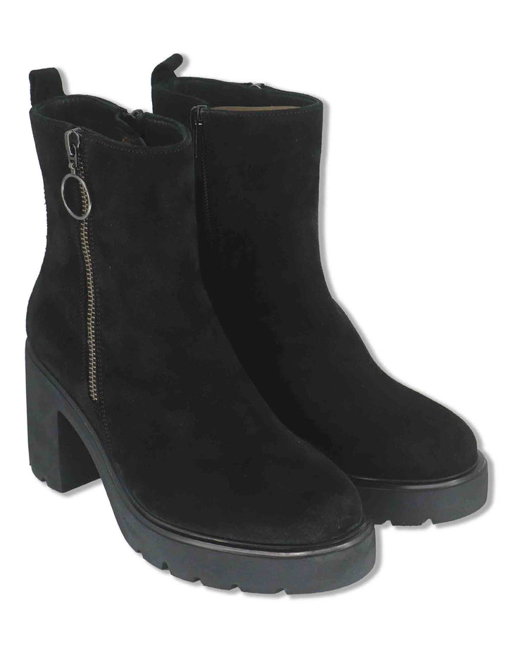 Stivaletti donna in camoscio nero con cerniera esterna decorativa tacco alto e plateau KERRY_BS BLACK Unisa 