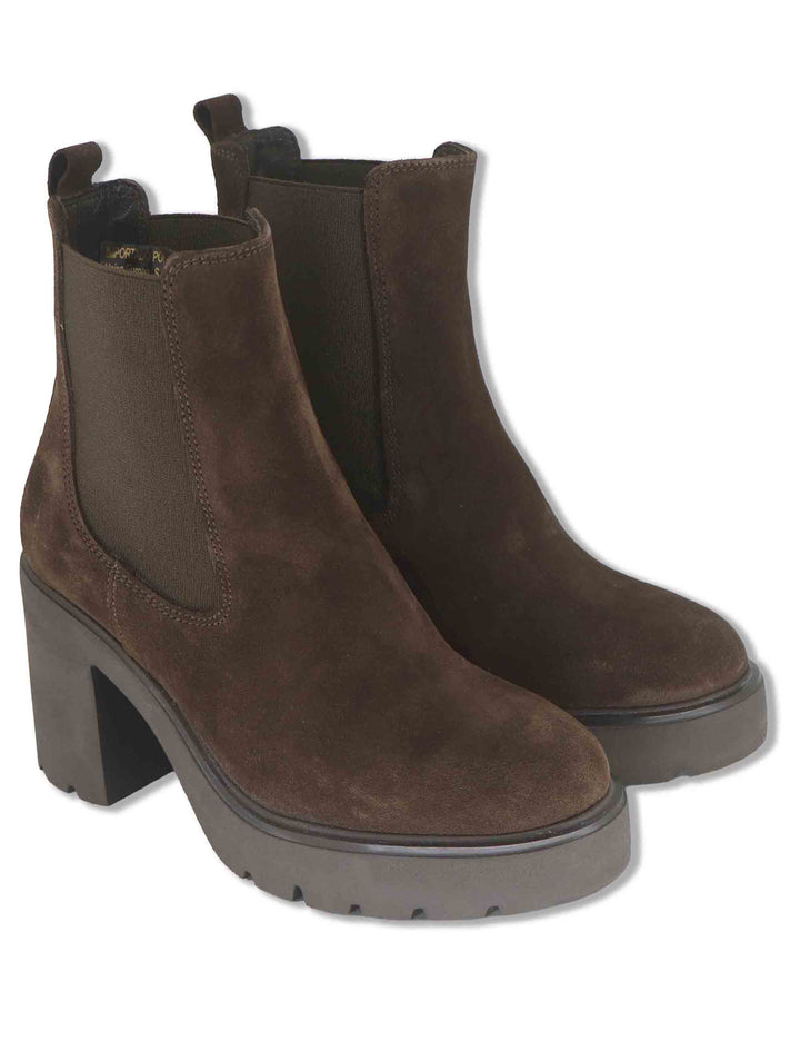 Stivaletti Chelsea donna in camoscio marrone con tacco alto plateau ed elastici laterali KLINO_F26_BS BROWN Unisa 