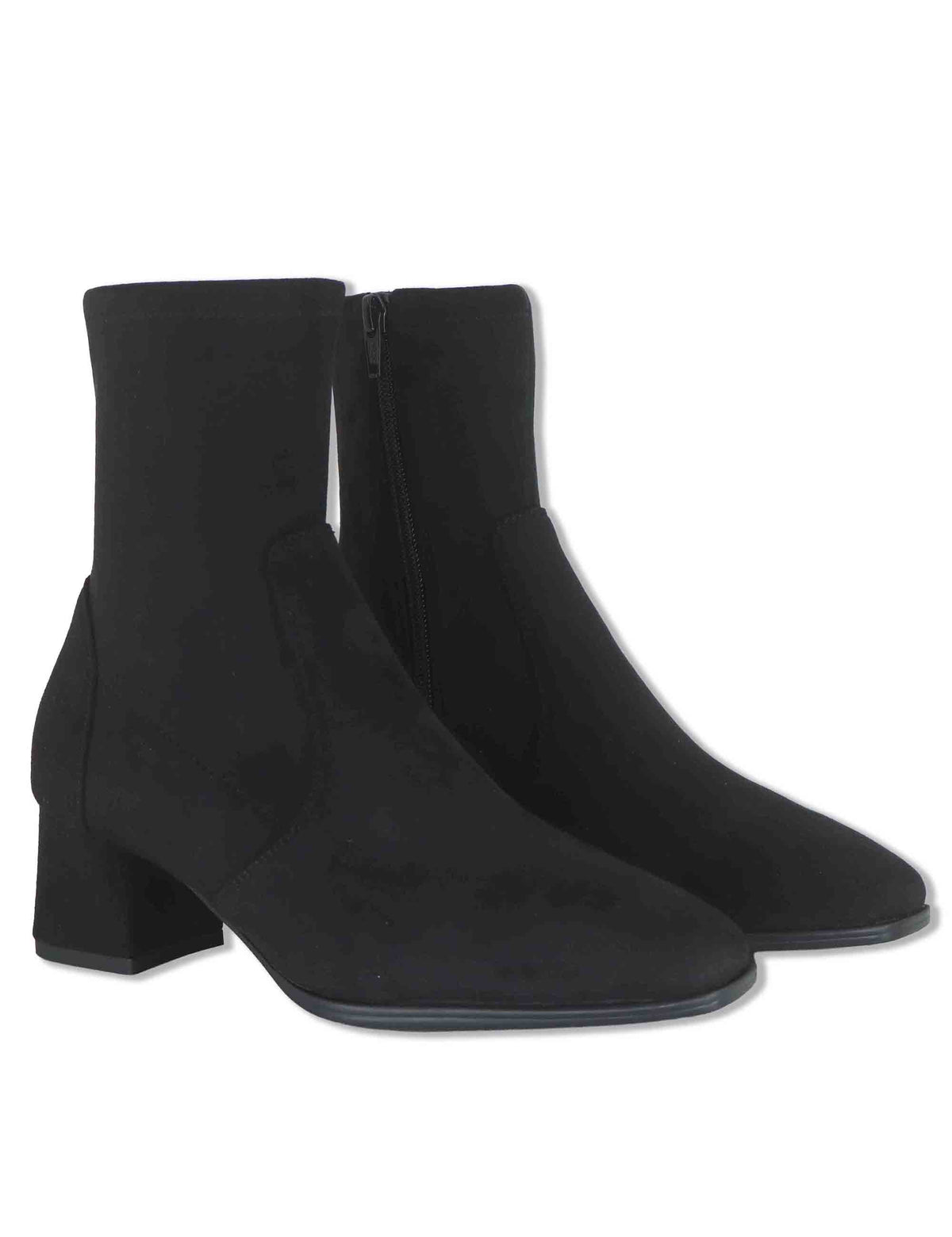 Stivaletti donna in camoscio ed eco camoscio elasticizzato nero con zip interna tacco basso e punta quadrata LANTOS ST_BLACK Unisa 