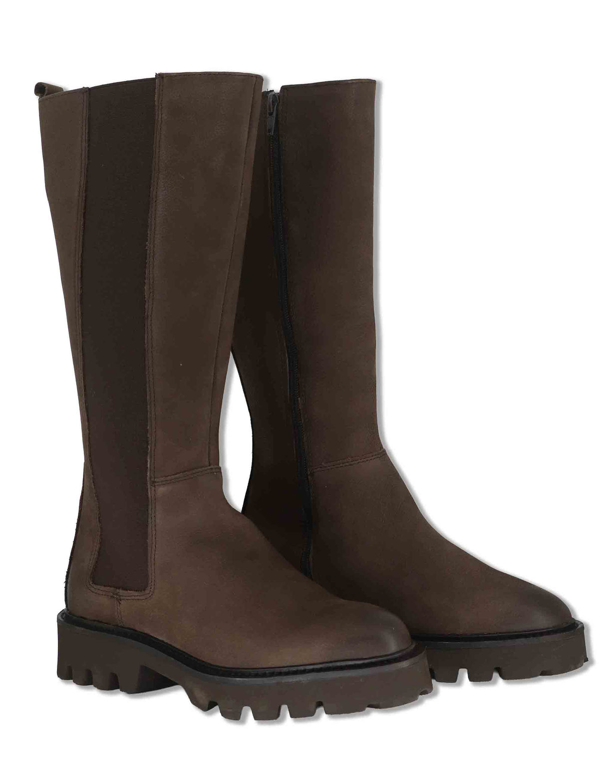 Stivali donna in pelle nabuk marrone con elastico esterno zip interna e suola carrarmato BB375201 600127 Vueva 