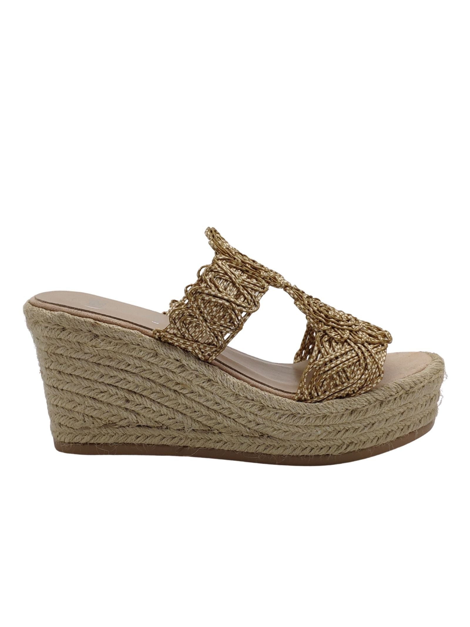 Women's Footwear Sandals in Beige Fabric with High Rope Wedge