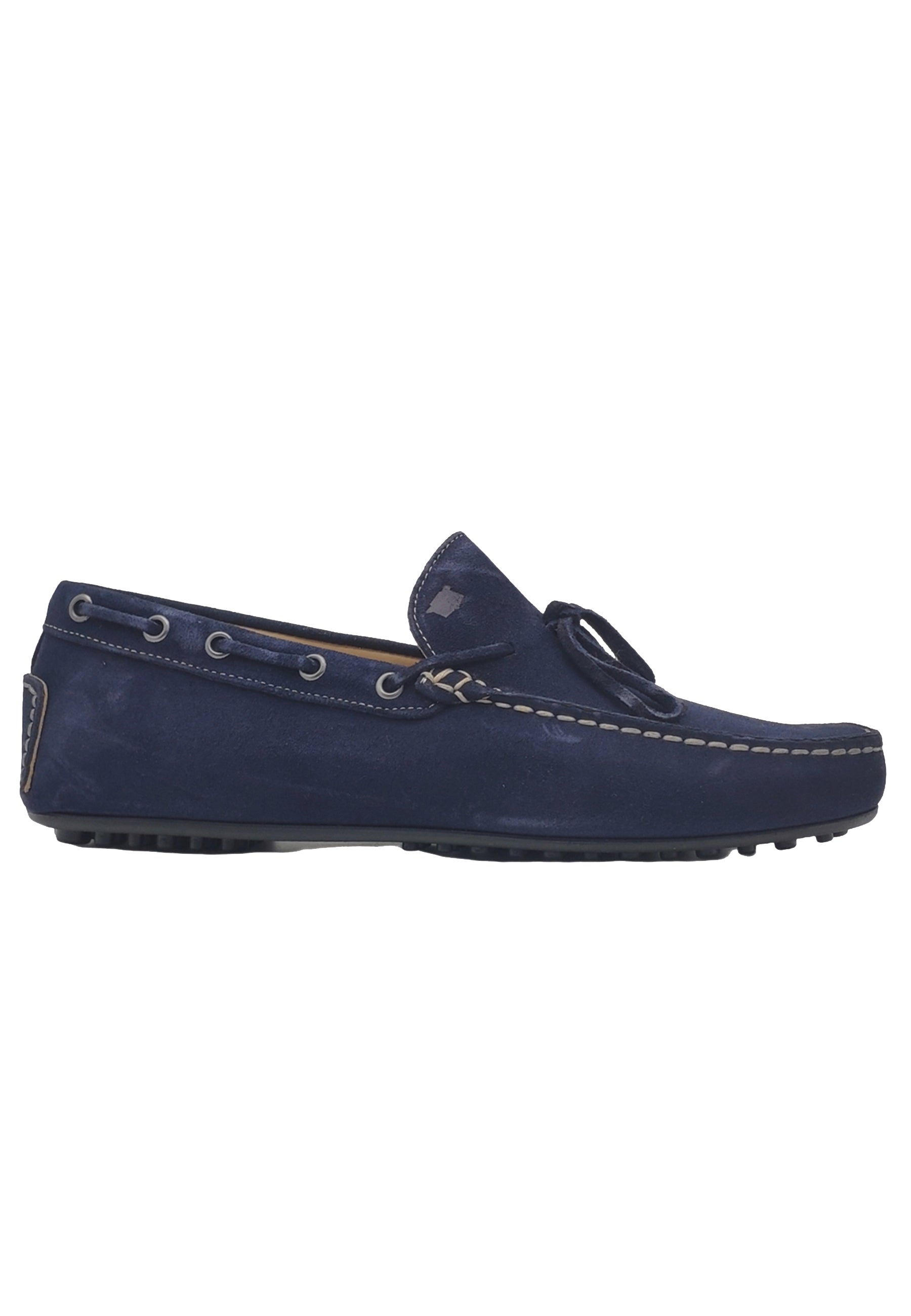 Men's blue suede moccasins with rubber stud bottom