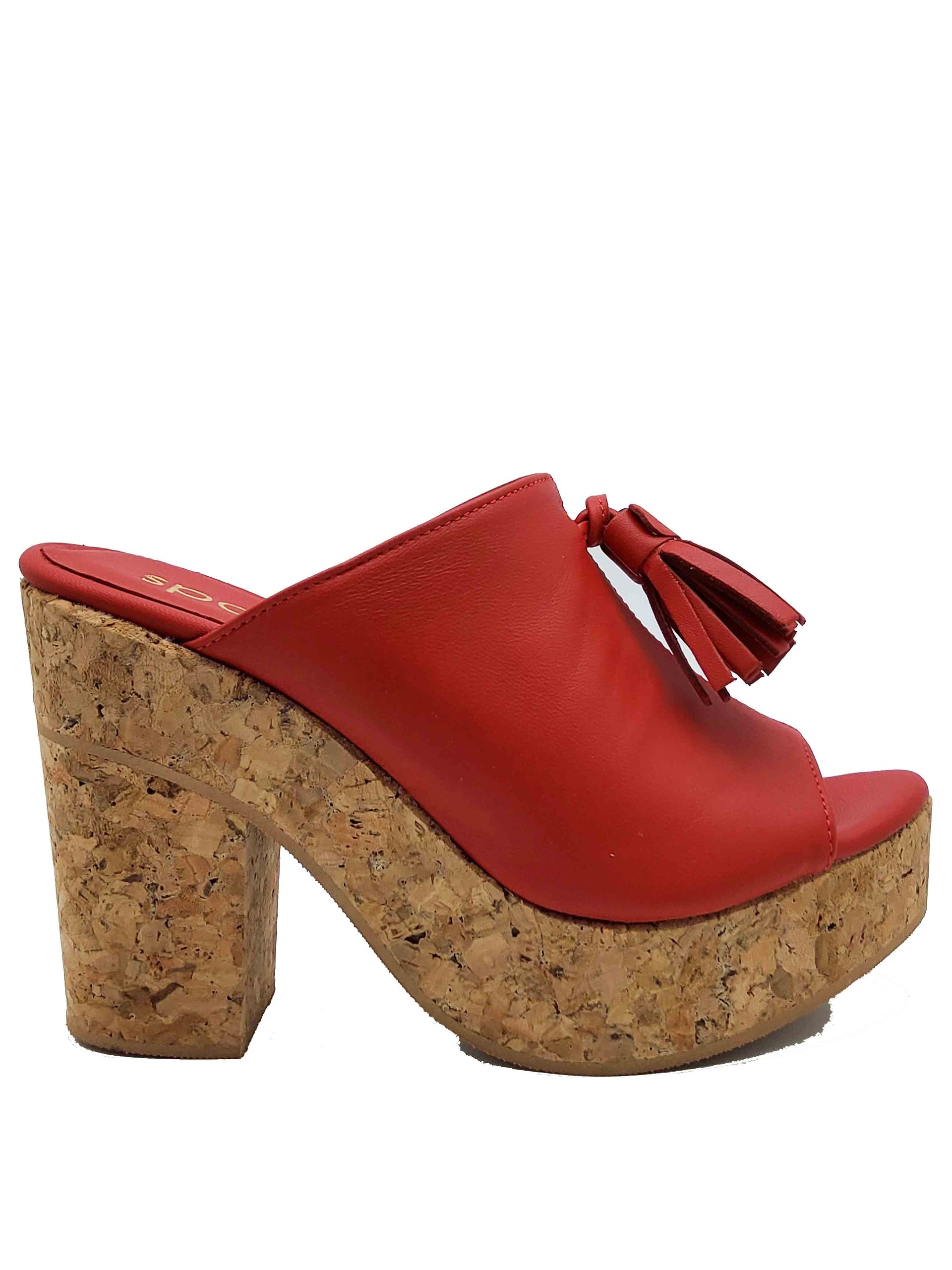 Women's Footwear Red Leather Sandals with Bows and High Cork Wedge