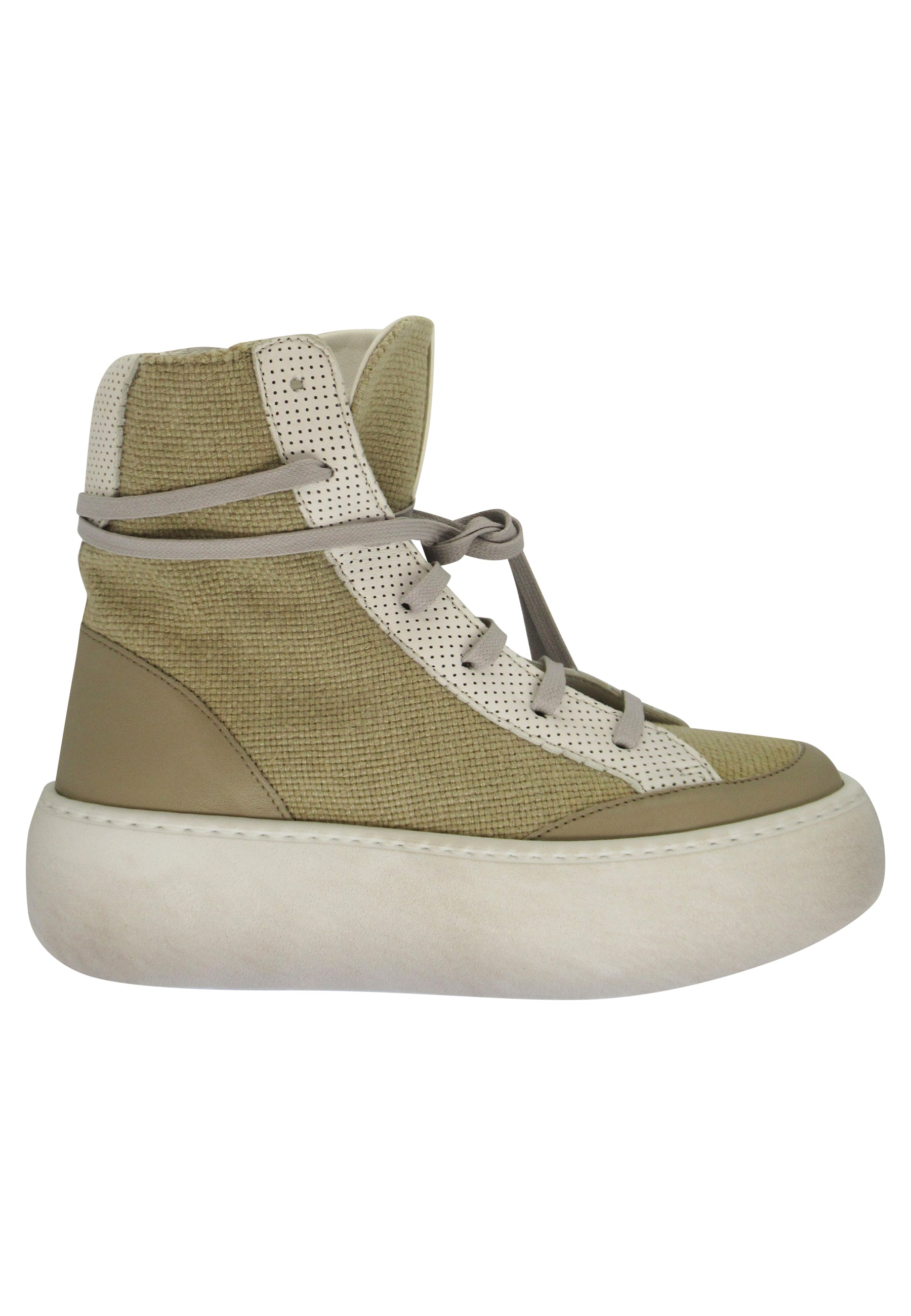 Women's ankle-boot sneakers in natural fabric and off-white leather with wedge
