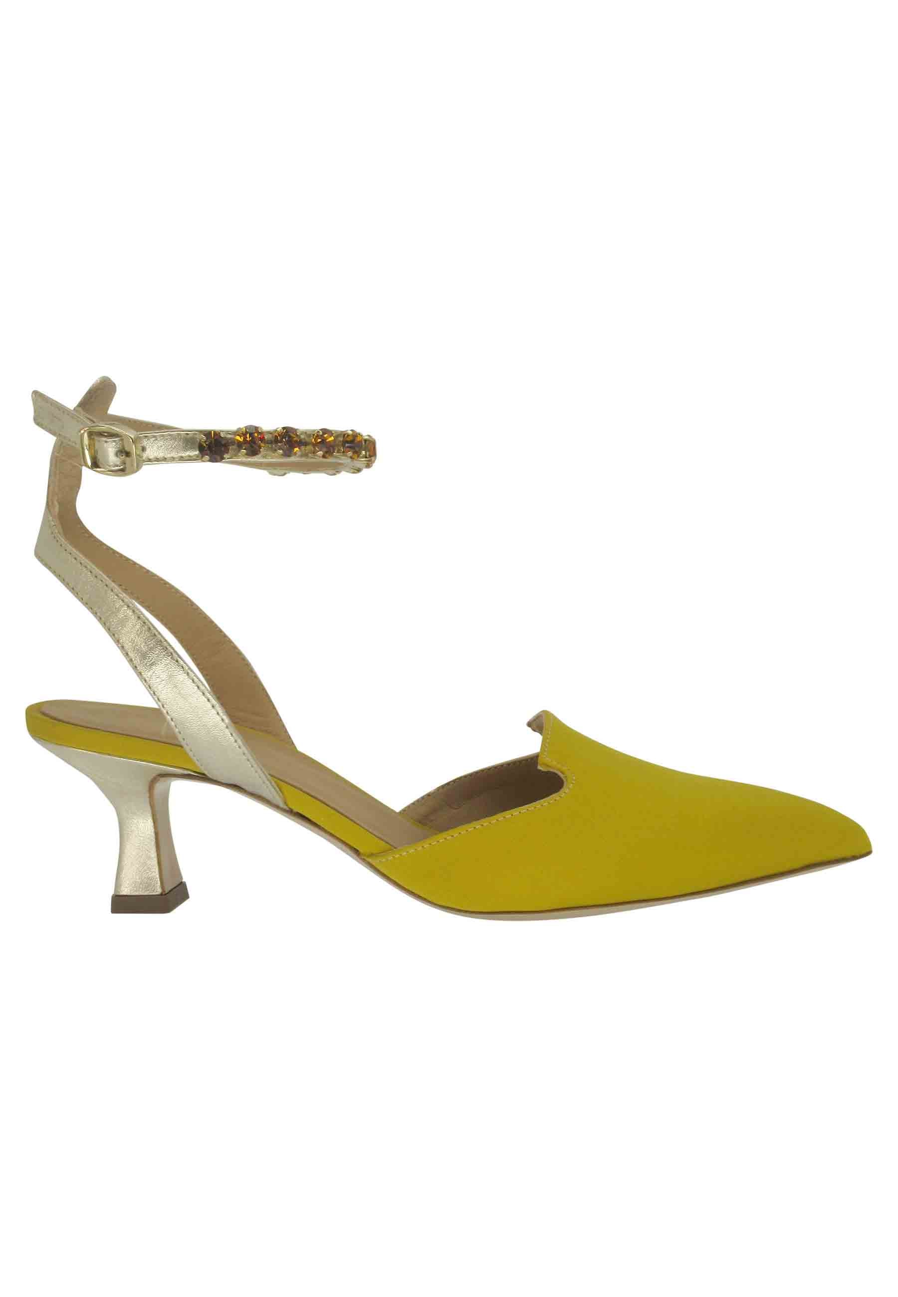 Women's decollete in mustard satin with jeweled ankle strap