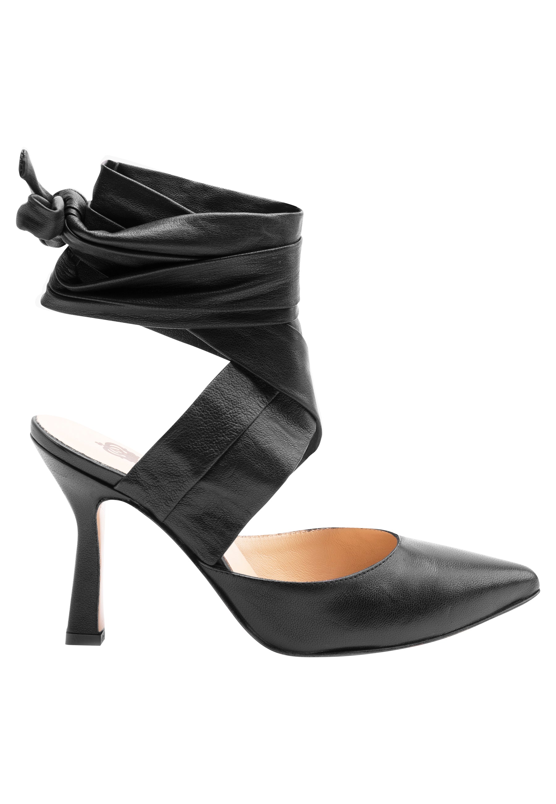 Women's black leather sandals with ankle laces and high heel