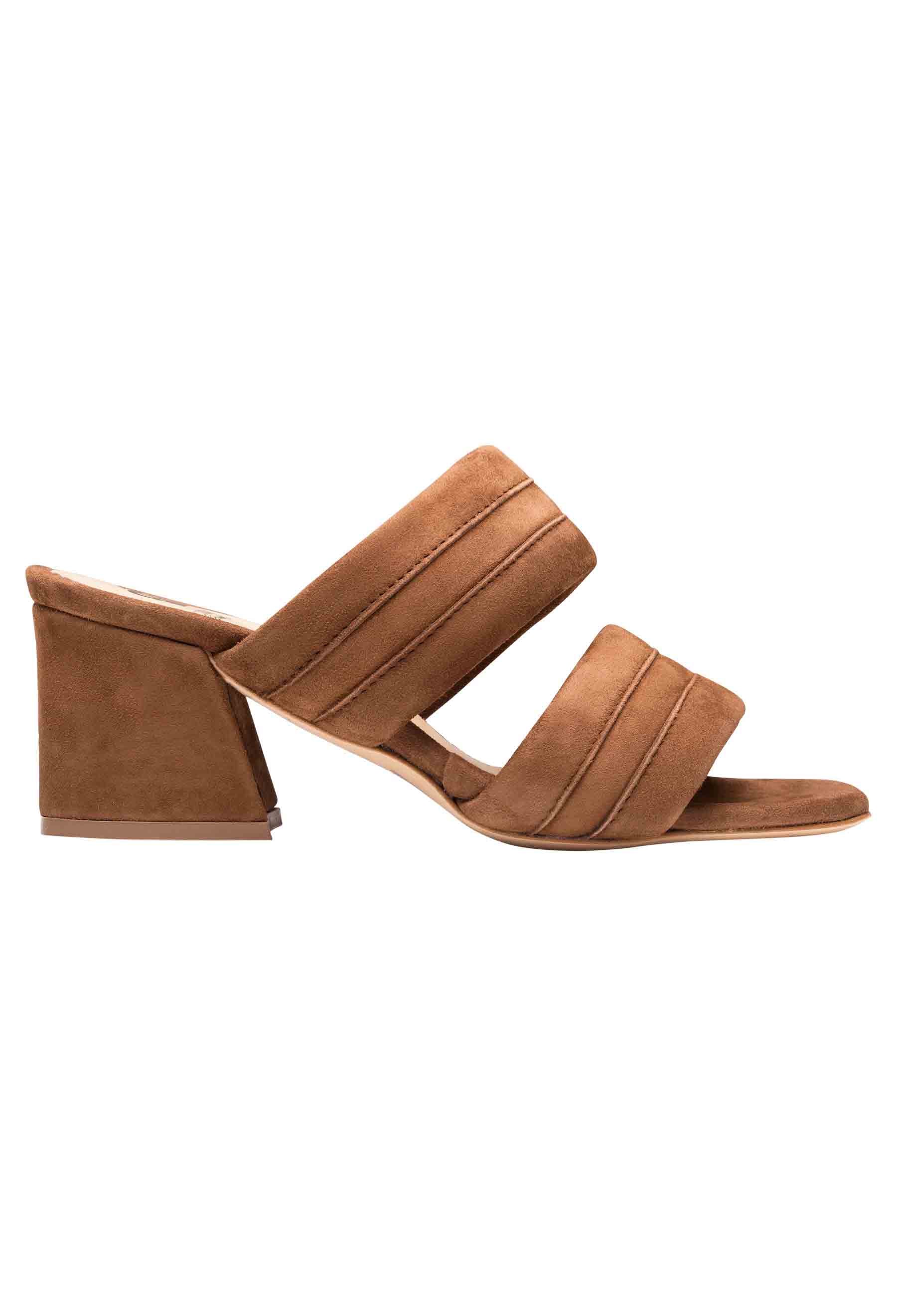 Women's sandals in brown suede with double band and medium heel
