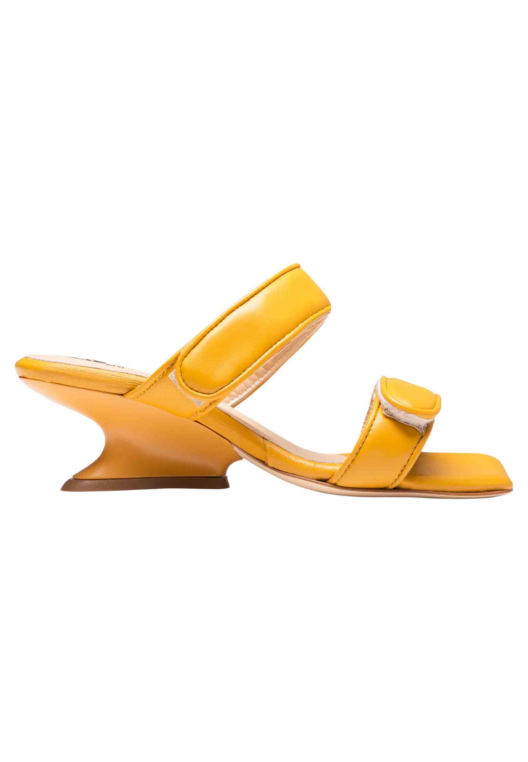 Women's saffron yellow leather sandals with matching wedge heel