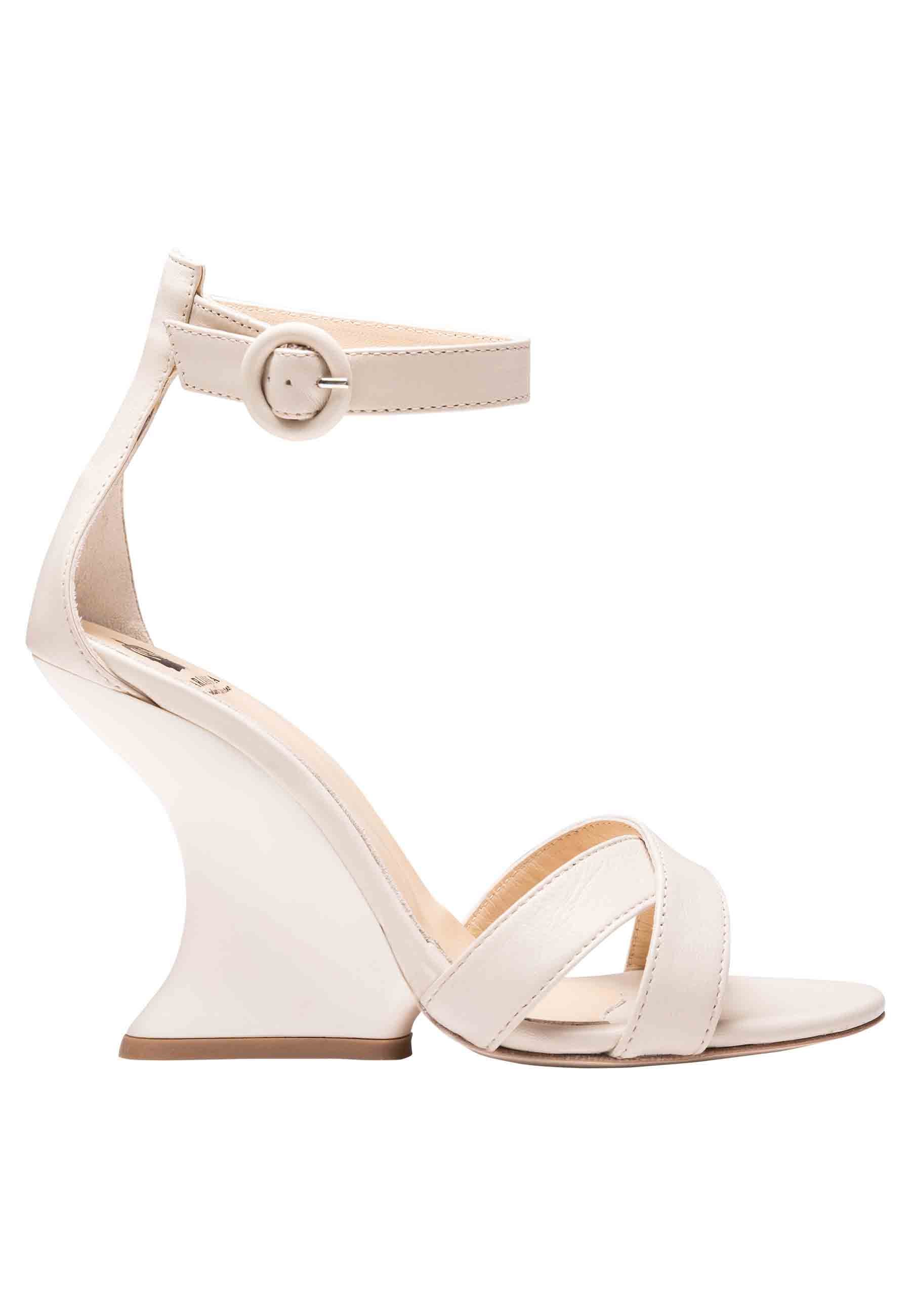 Women's white leather sandals with high wedge and ankle strap