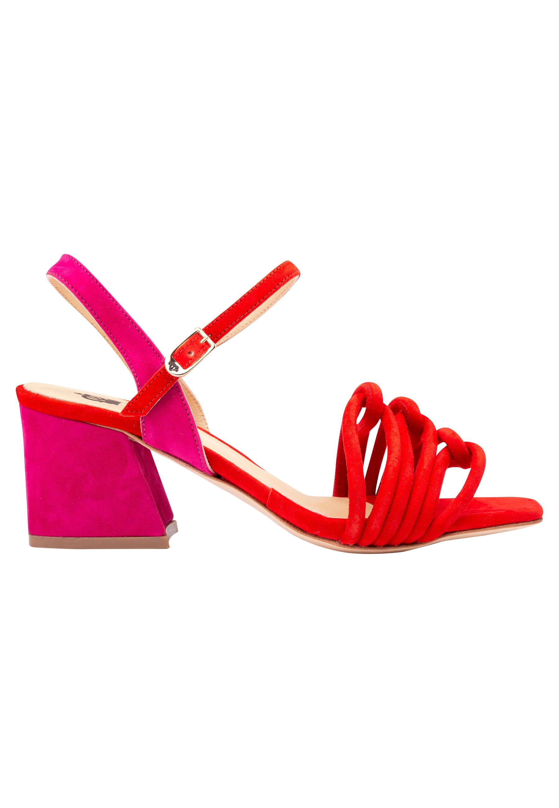 Women's sandals in red and fuchsia suede with ankle strap and leather sole