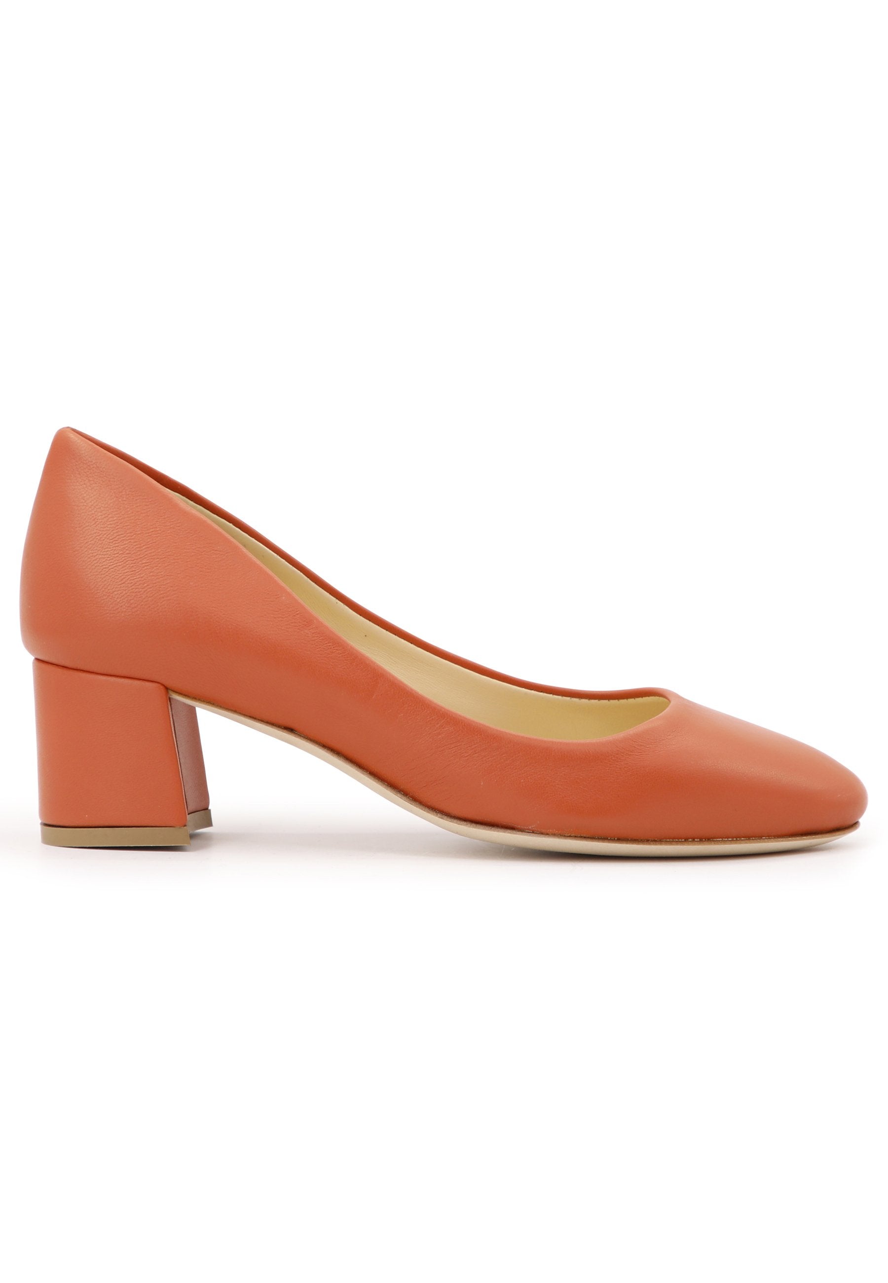 Women's orange leather pumps with low heel and round toe