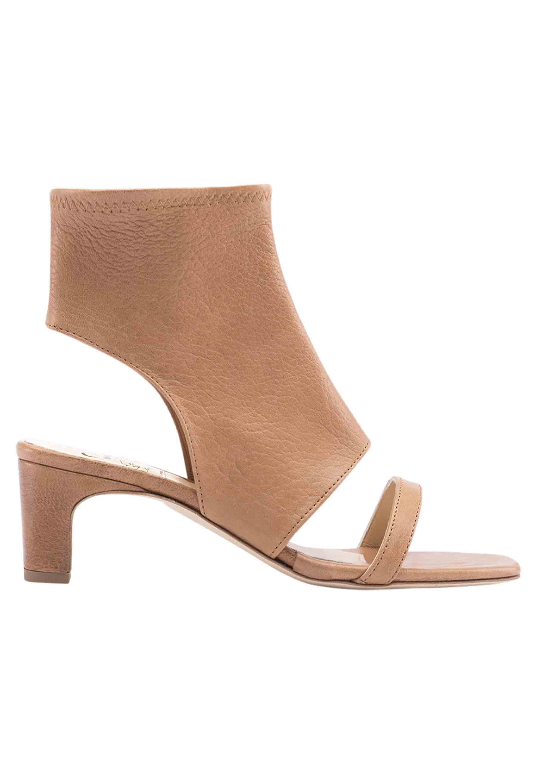 Women's sandals in tan stretch leather with medium heel and anklet