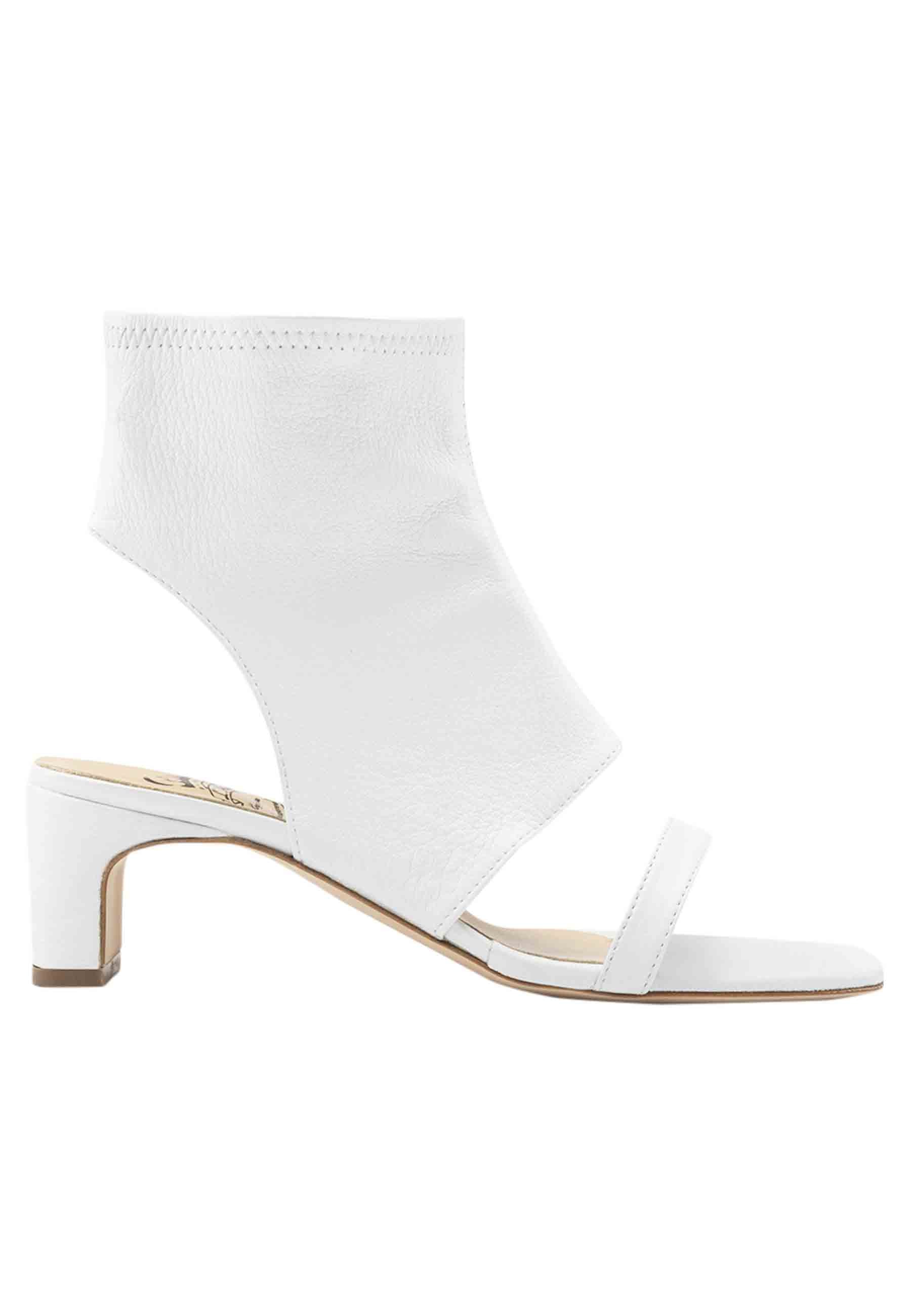 Women's sandals in white stretch leather with medium heel and anklet