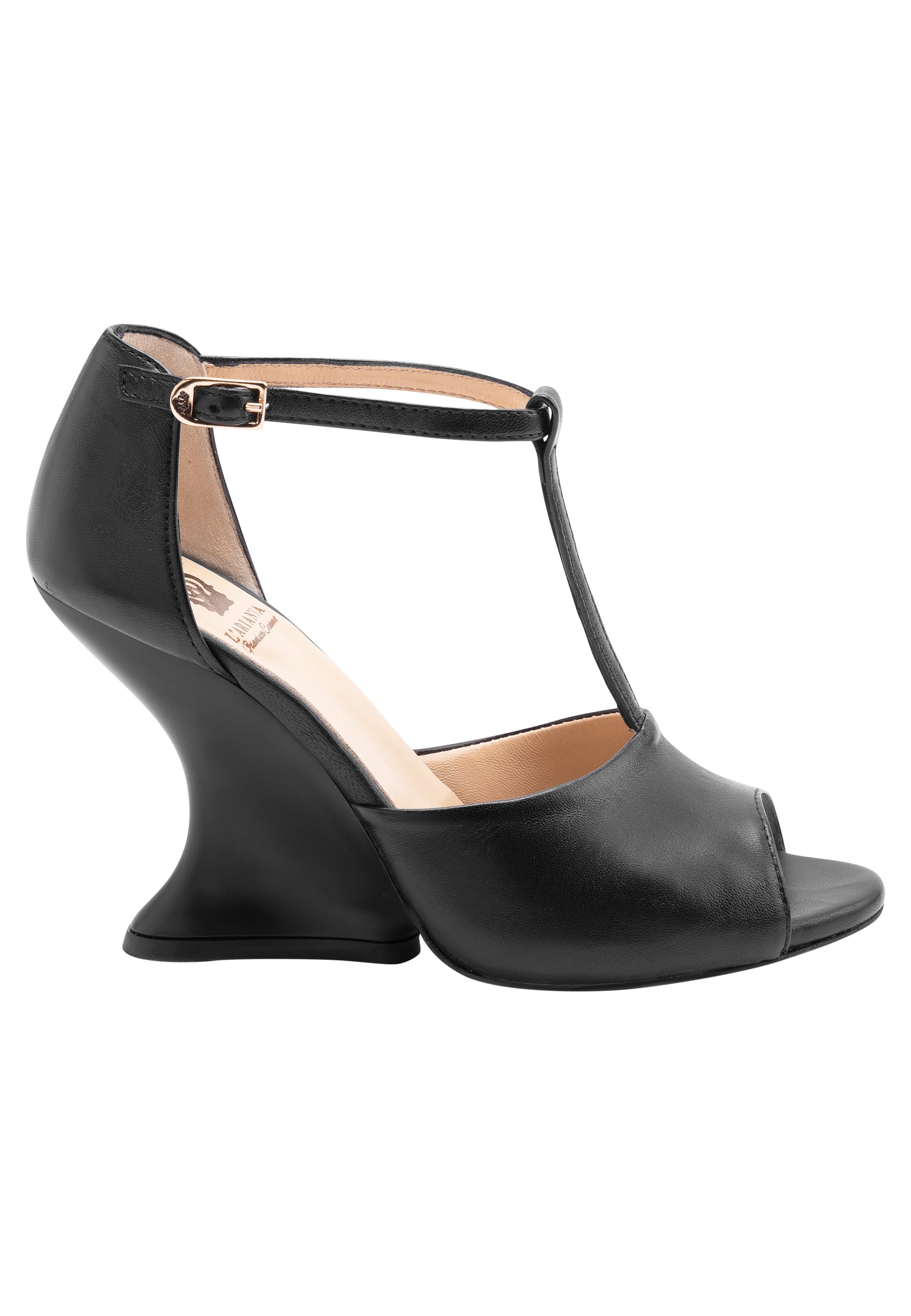 Women's black leather sandals with high wedge and ankle strap