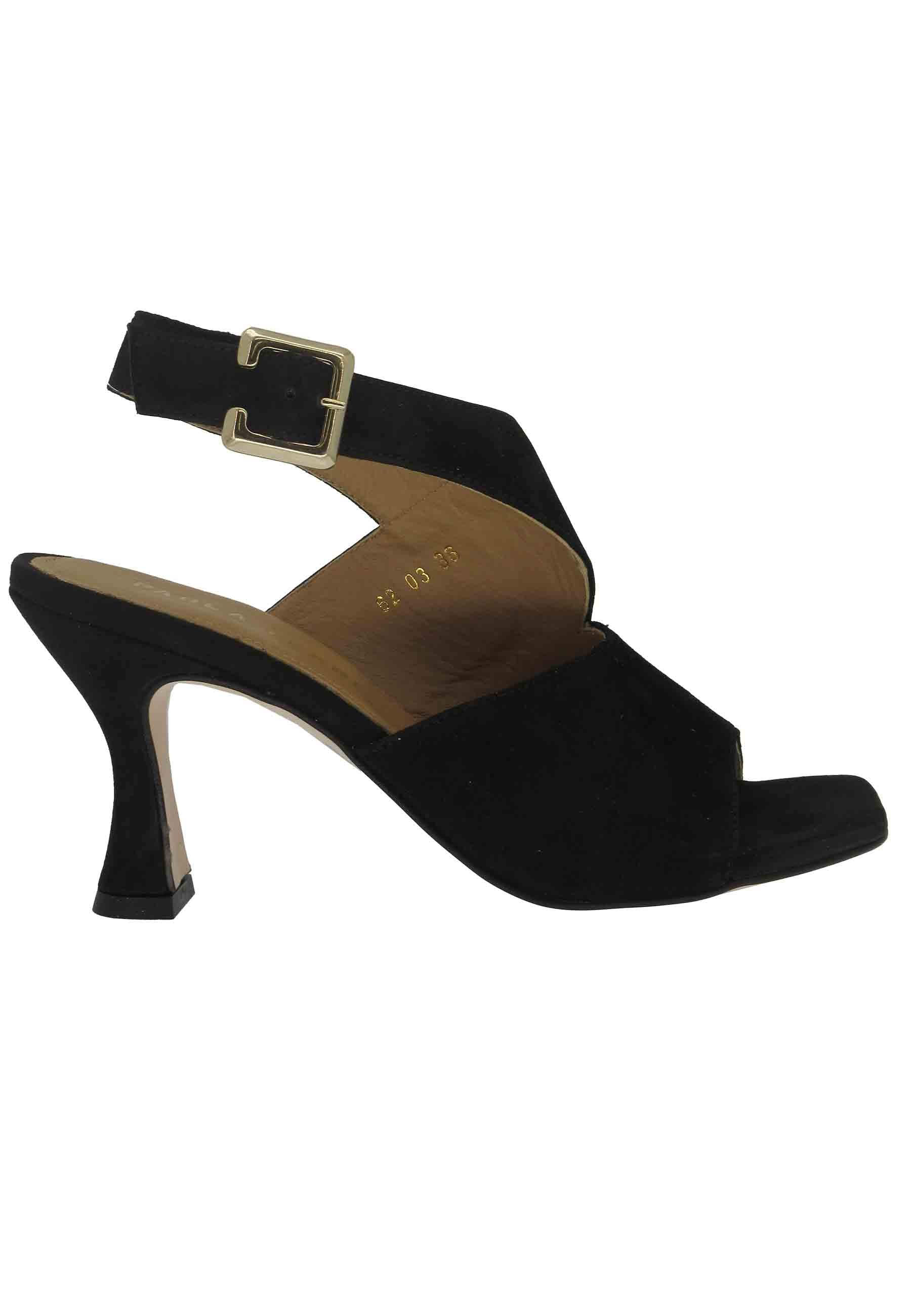 Women's black suede sandals with side buckle and high heel