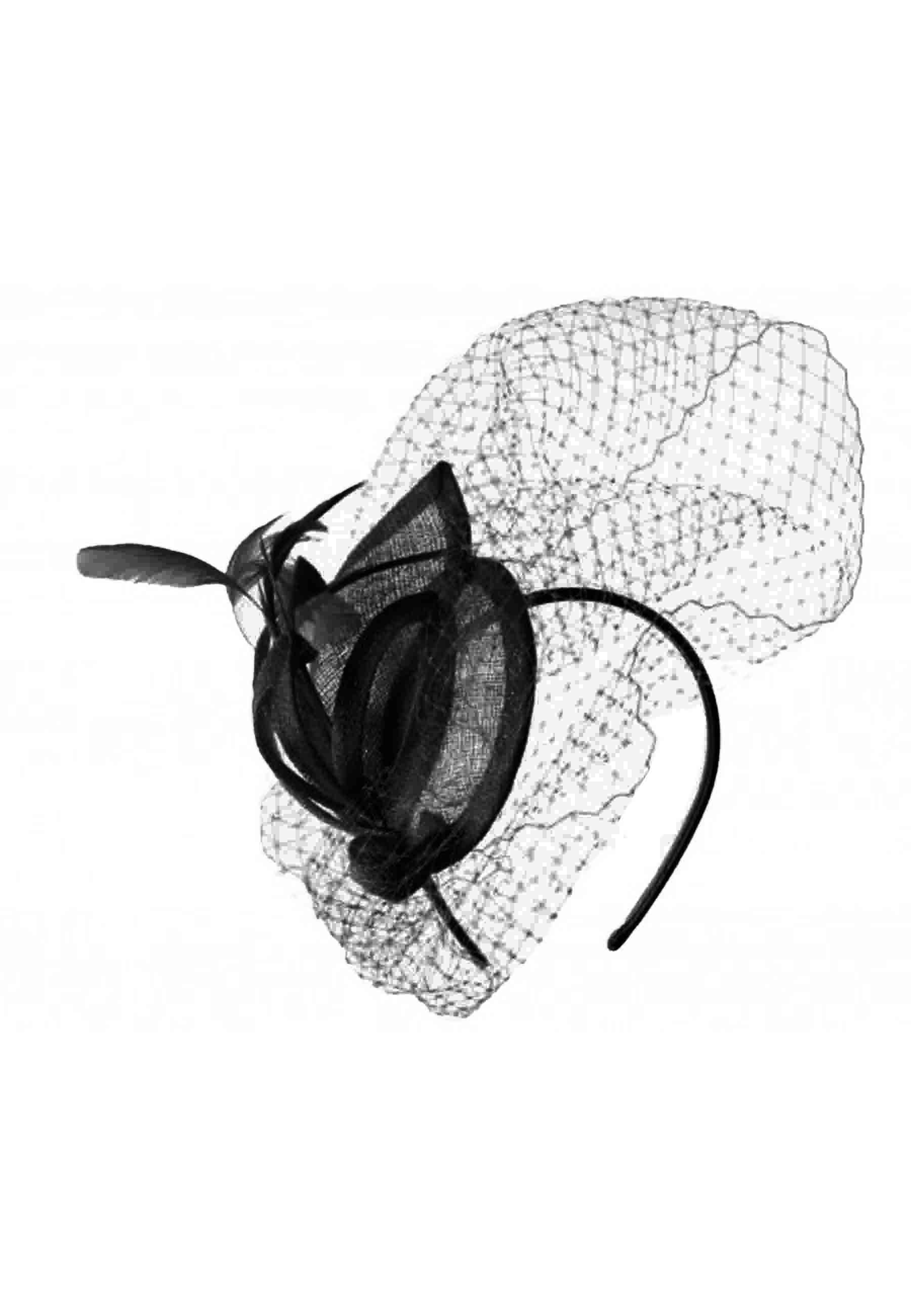 Black women's headband with sinamay straw filigree leaves and feathers