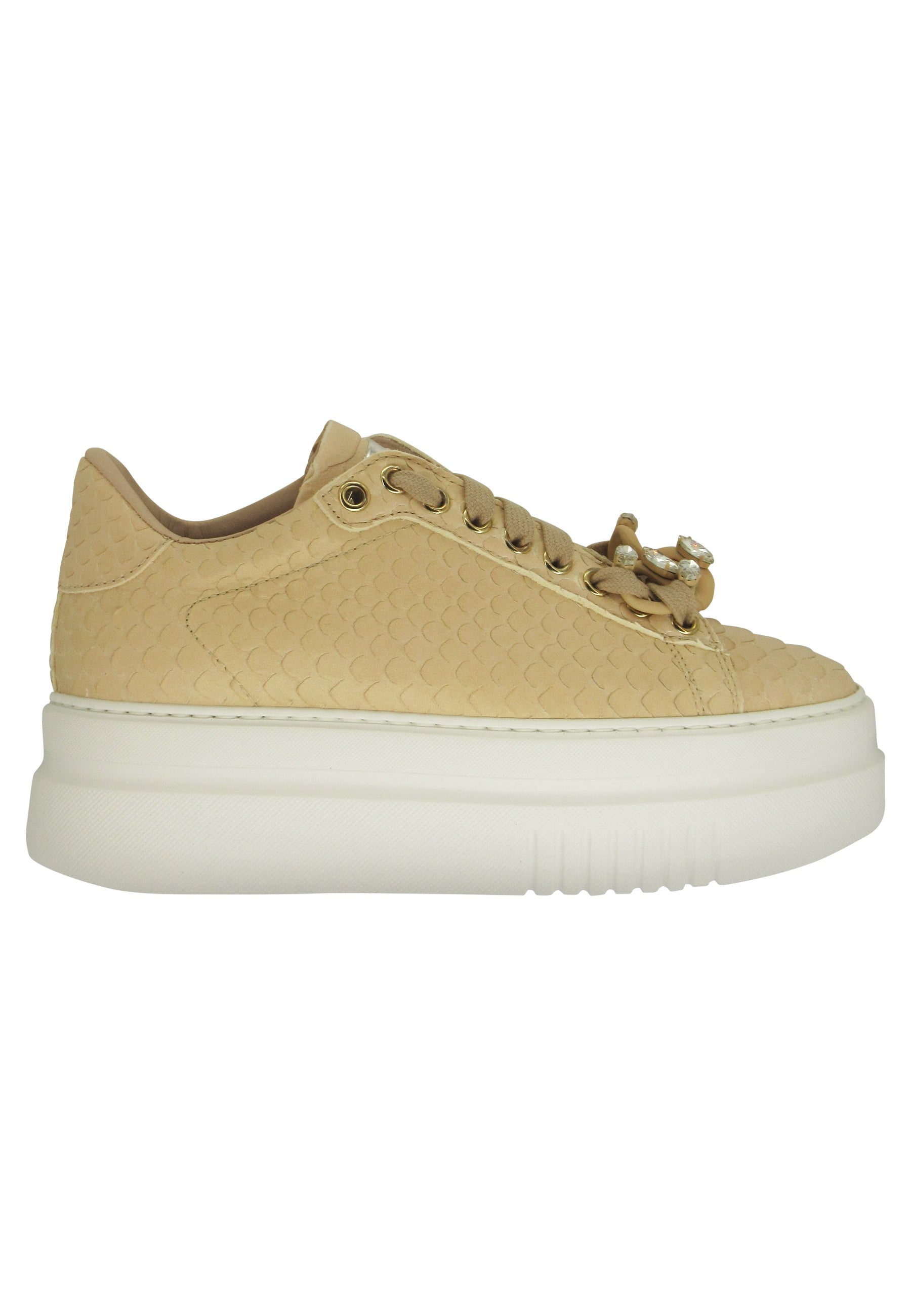 Spatarella Sneakers donna in pelle stampata nude con morsetto in strass e zeppa alta