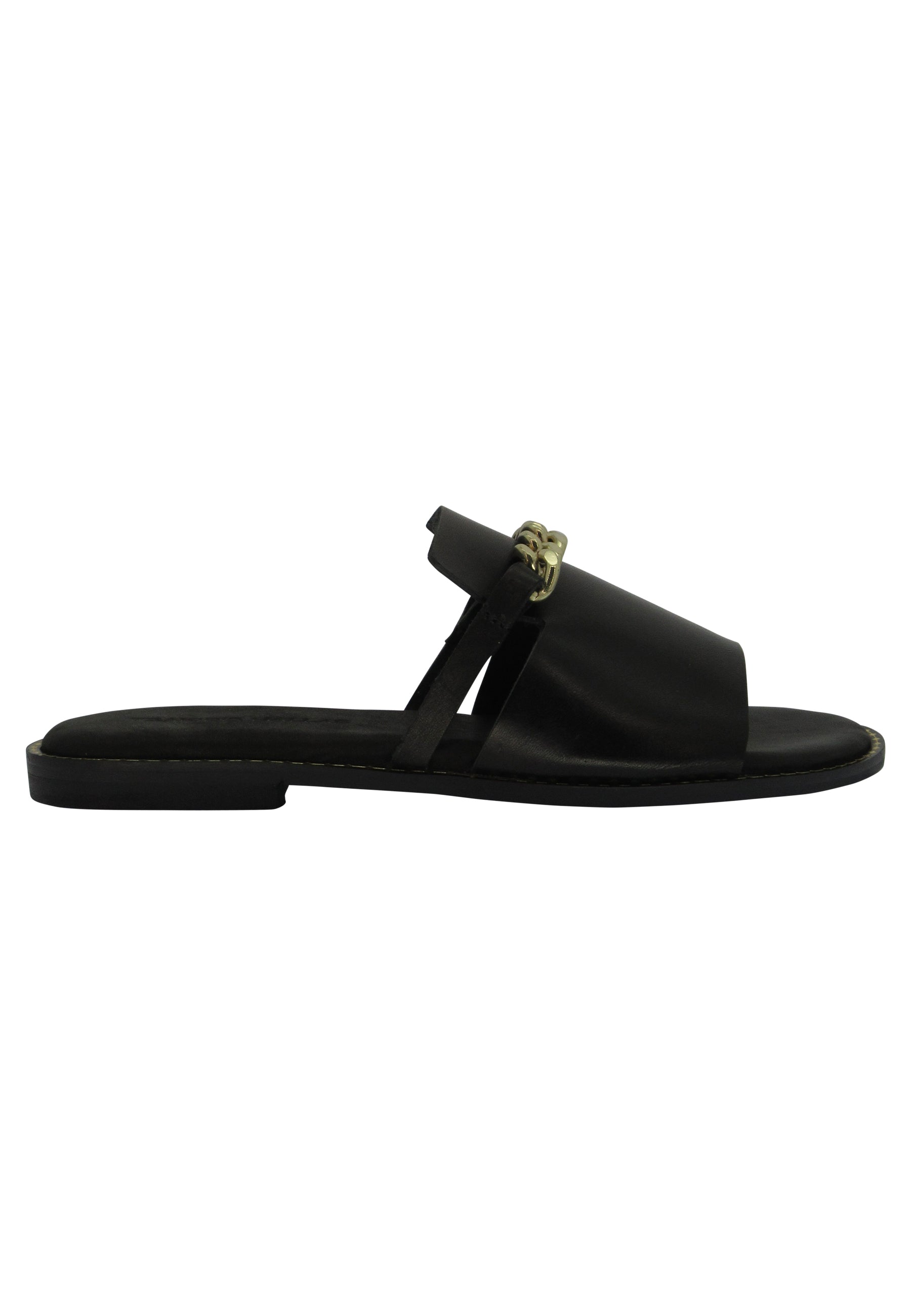 Women's flat sandals in black leather with gold chain