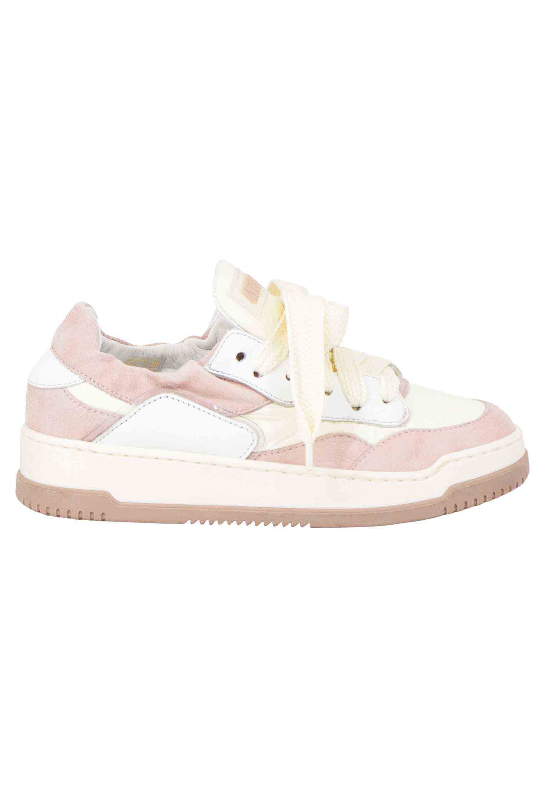 Sneakers donna in pelle beige e rosa con fondo gomma