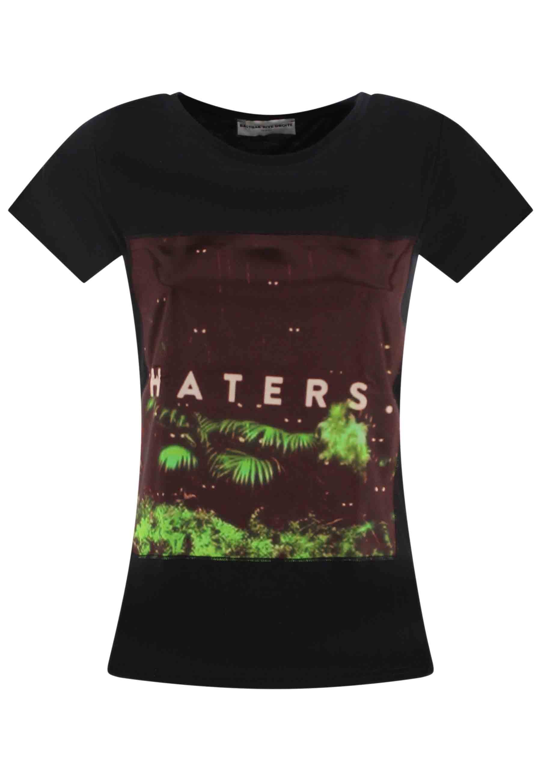 Spatarella T-shirt donna Icons in cotone nero con stampa in seta