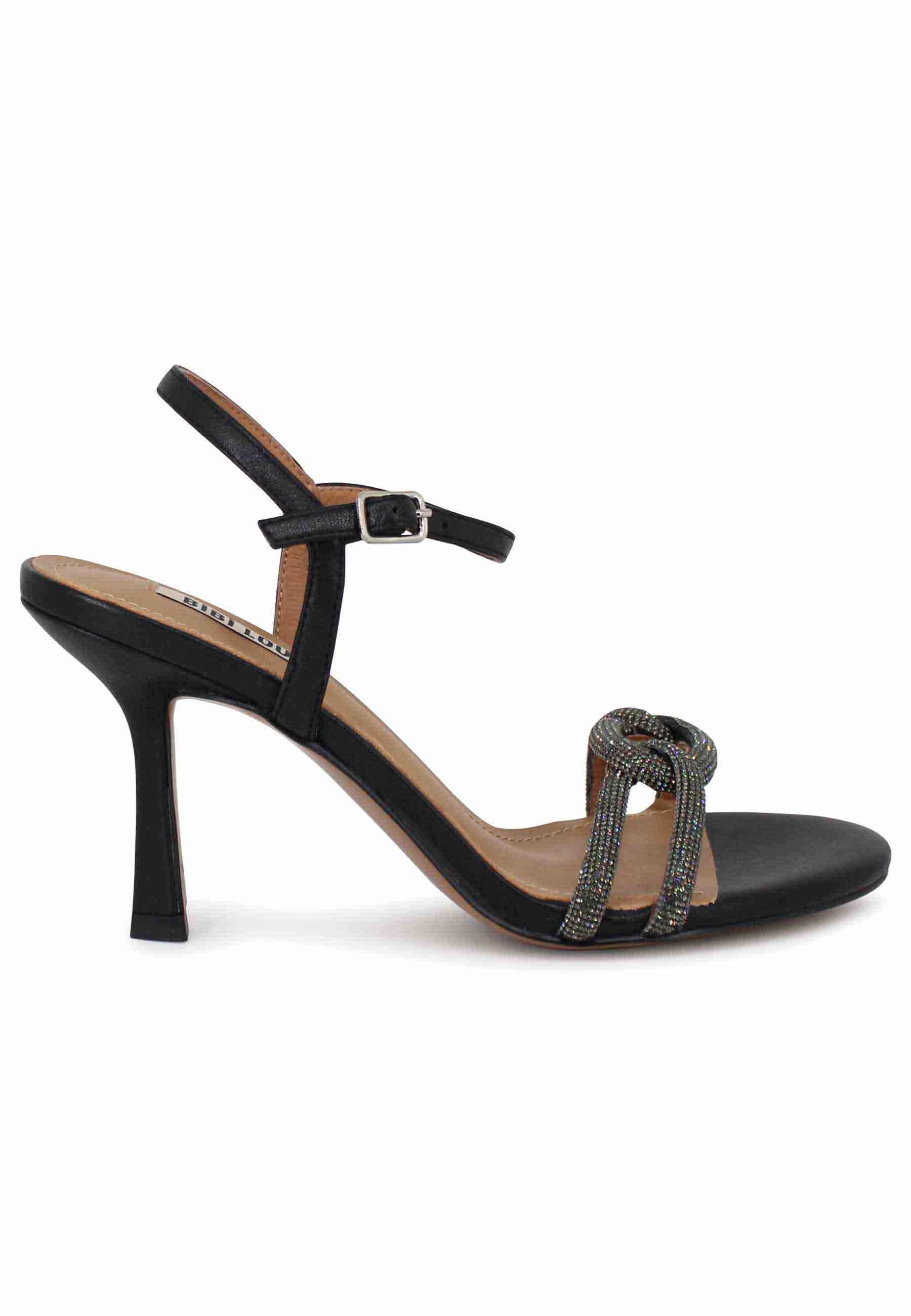 Katia women's sandals in black leather, high heel with rhinestones and ankle strap