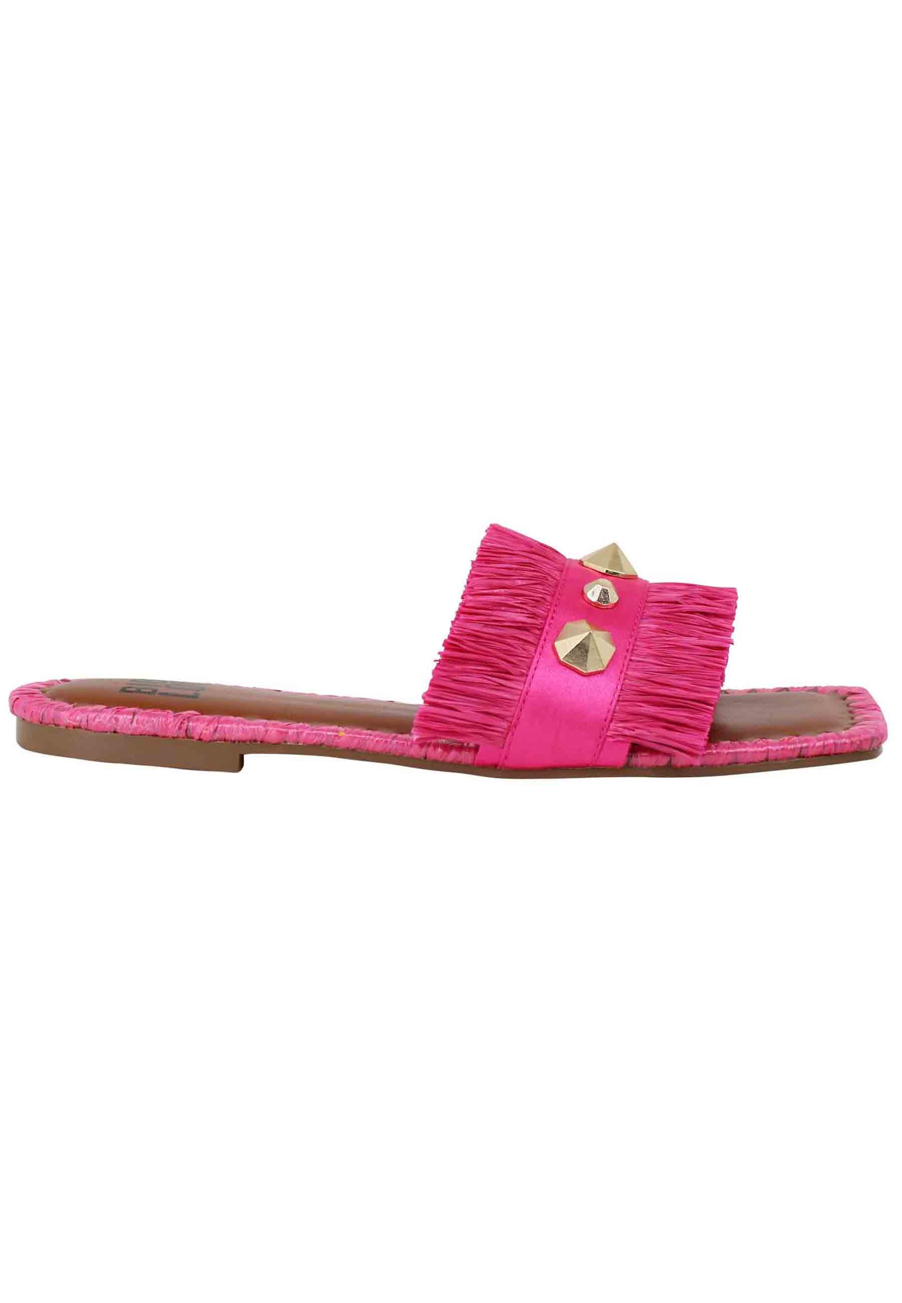 Alexis women's flat sandals in fuchsia fringed fabric with studs