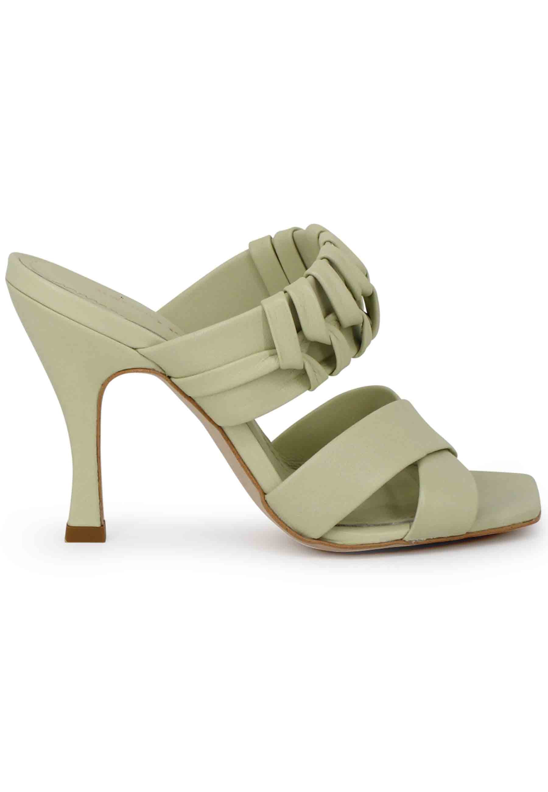 Women's green leather sandals with high heel and square toe