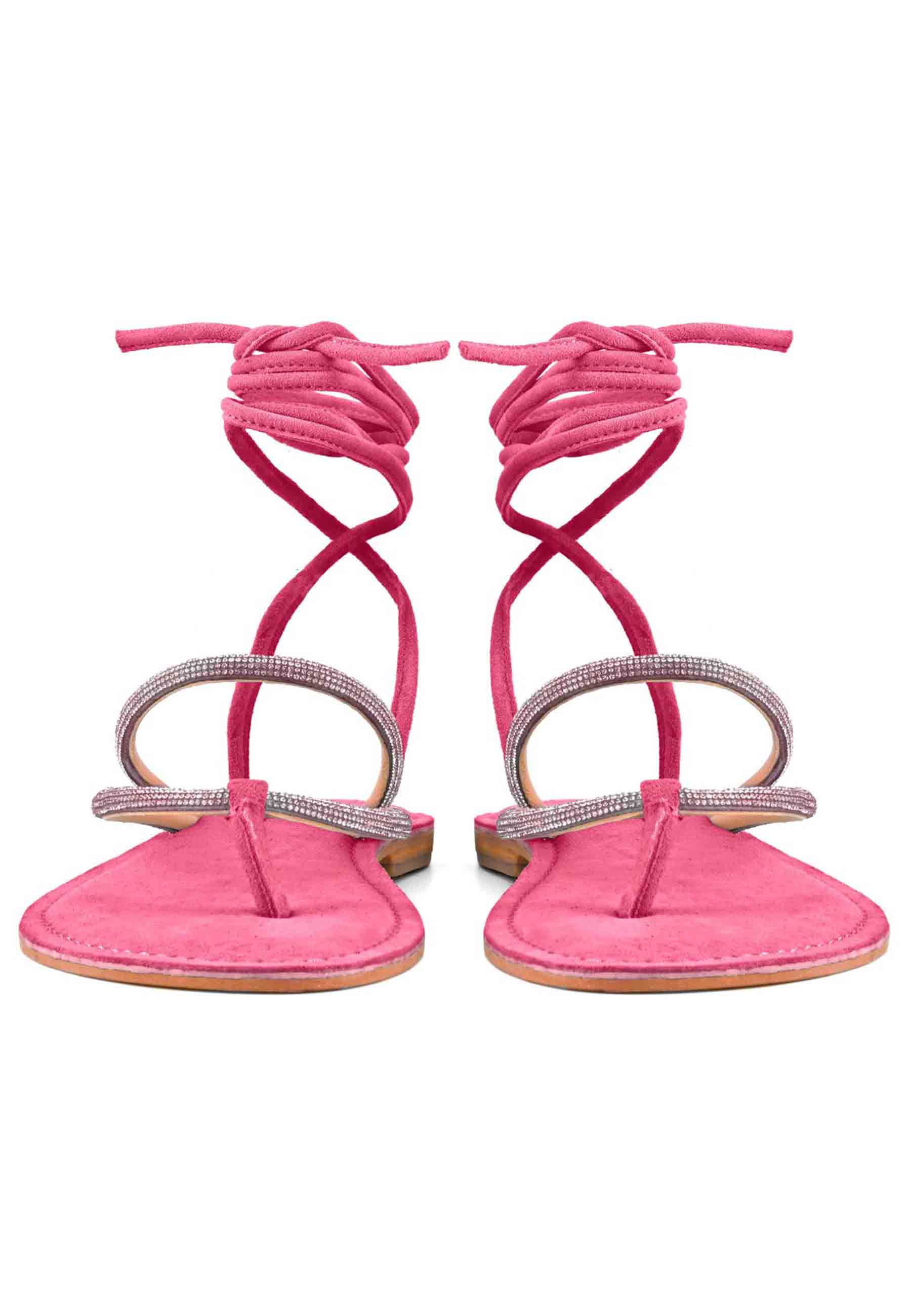 Sandali flat donna infradito in camoscio fuxia con strass e lacci alla caviglia 223019 FUX Coral Blue 
