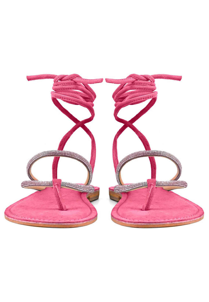 Sandali flat donna infradito in camoscio fuxia con strass e lacci alla caviglia 223019 FUX Coral Blue 