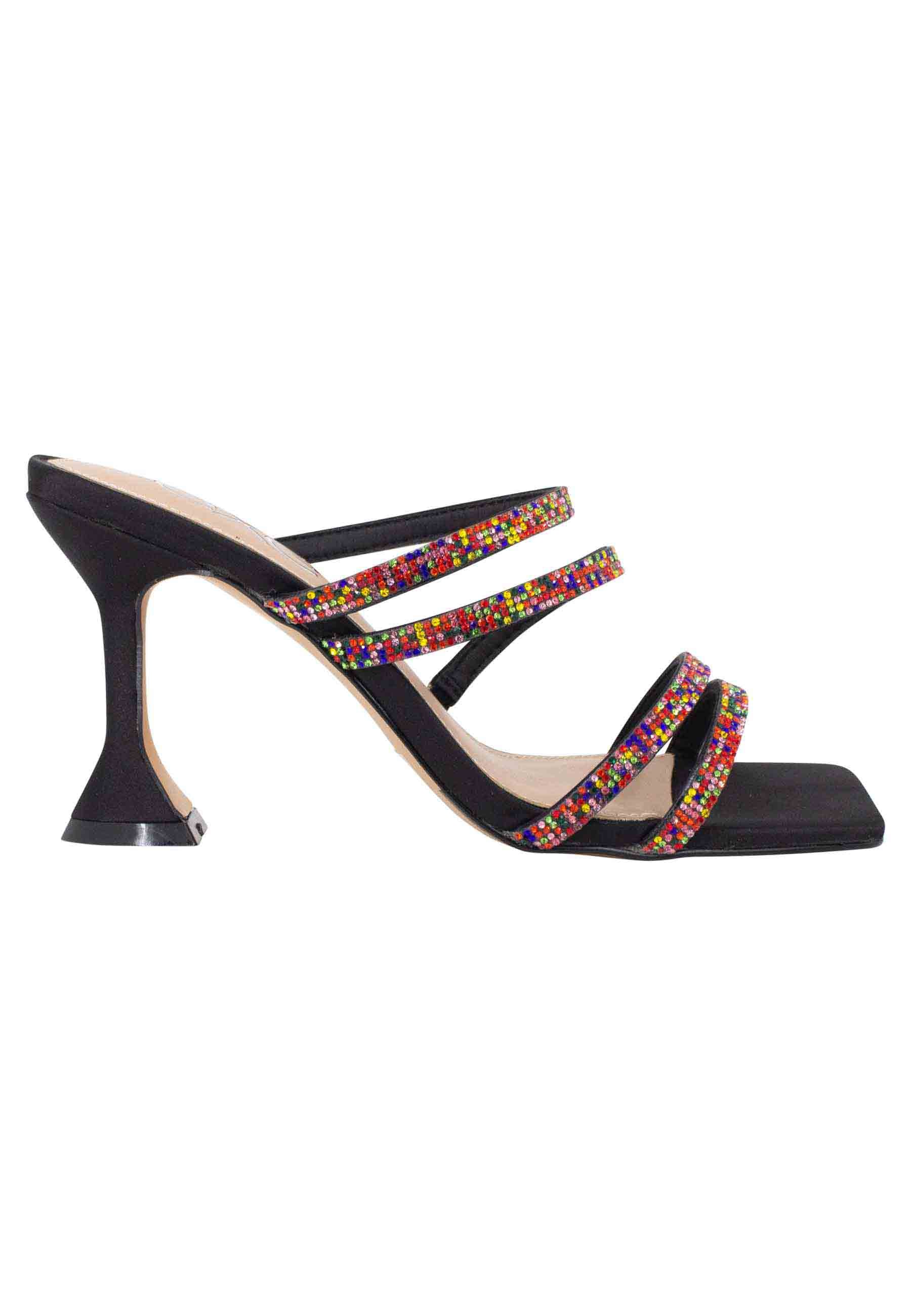 Women's sandals in black fabric with high heel and multicolored rhinestones
