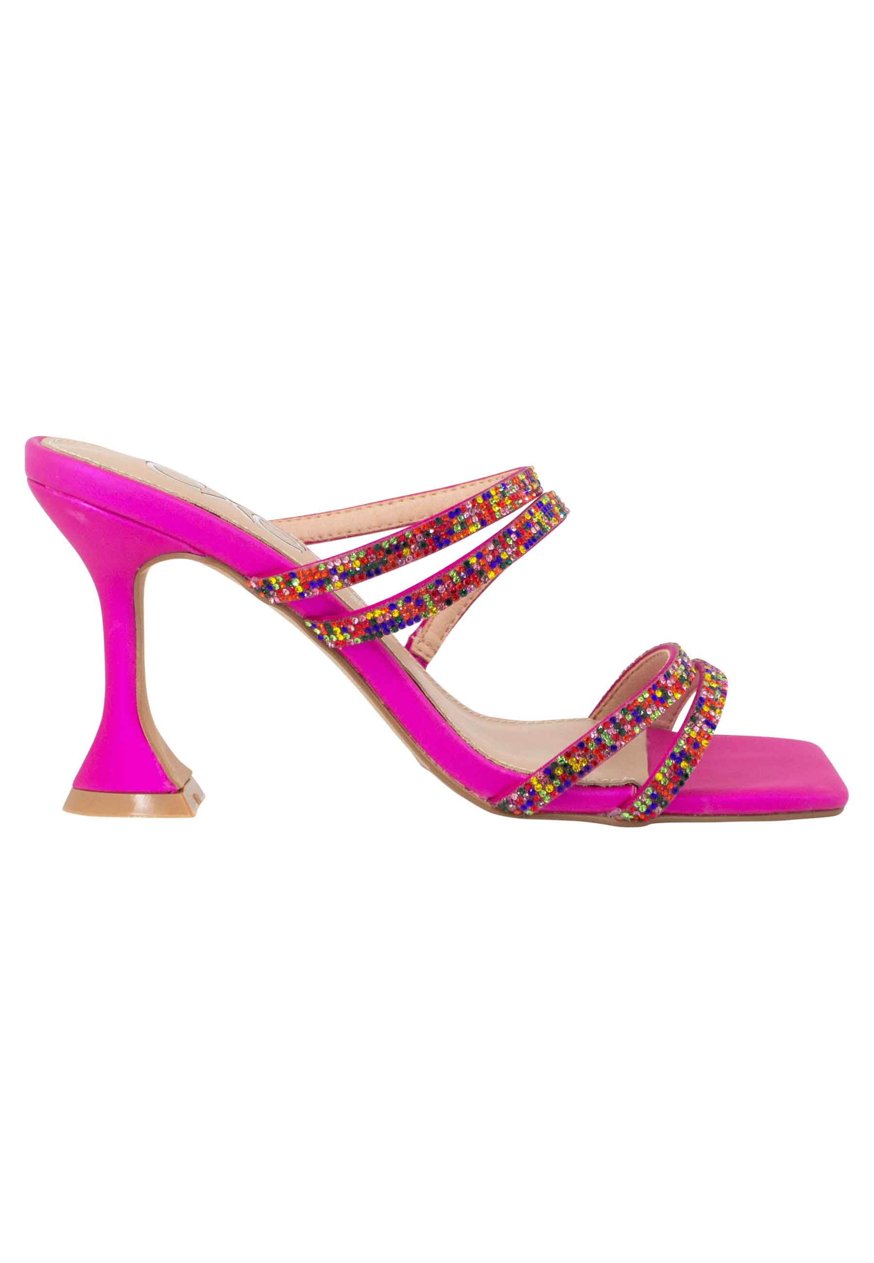 Women's sandals in fuchsia fabric with high heel and multicolored rhinestones