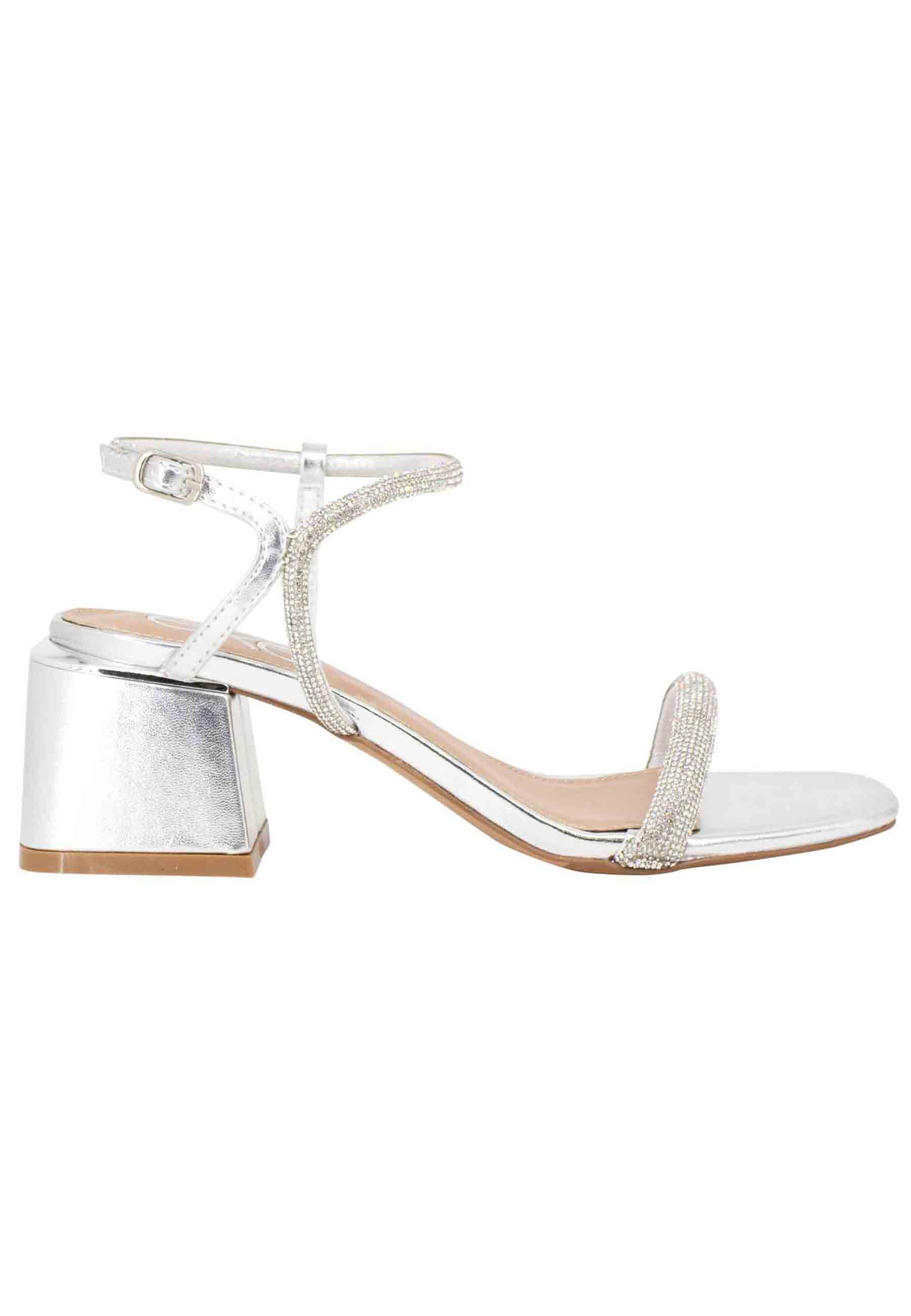 Women's sandals in glitter fabric and silver rhinestones with ankle strap