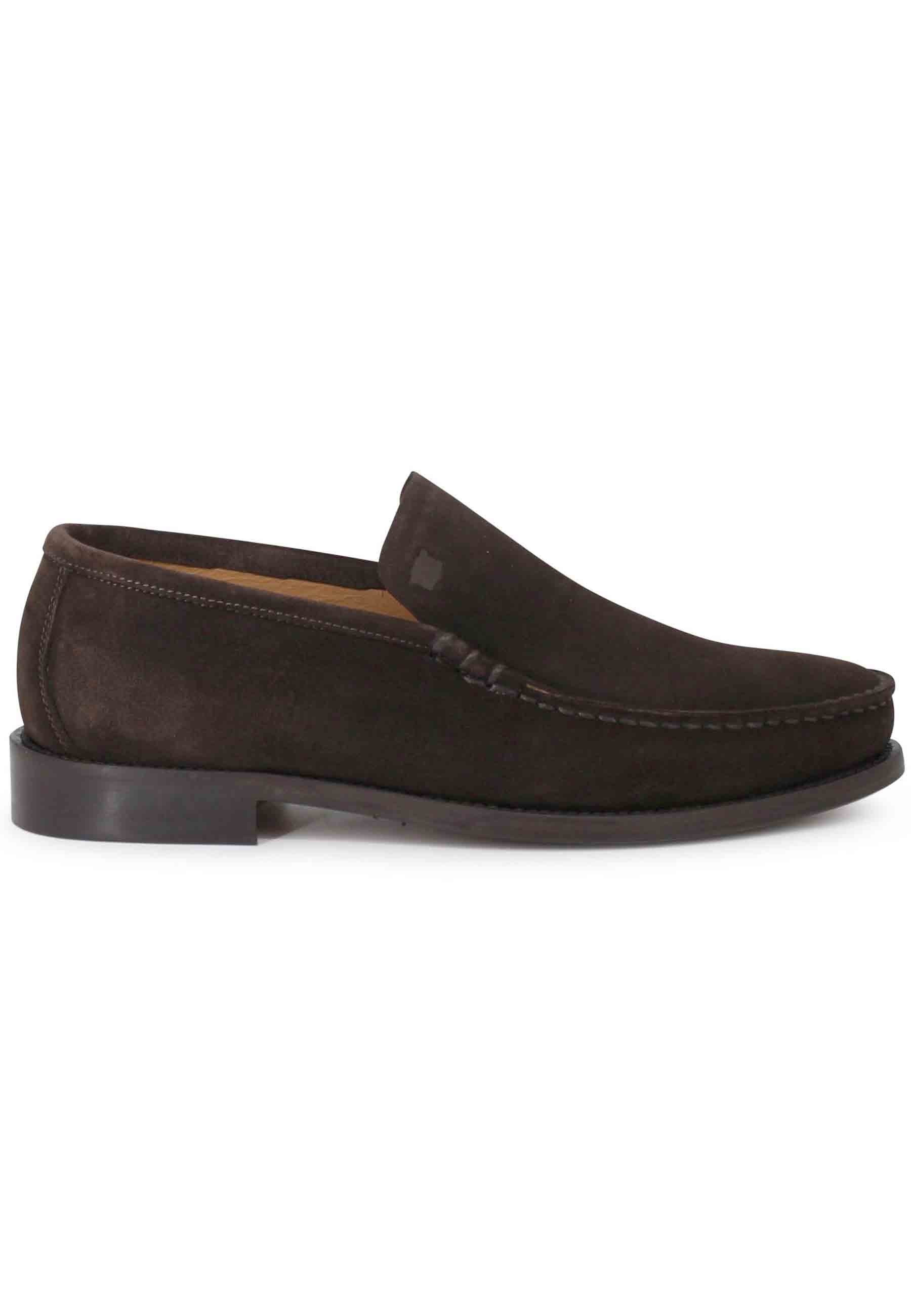 Men's brown suede loafers with smooth flap and stitched leather sole