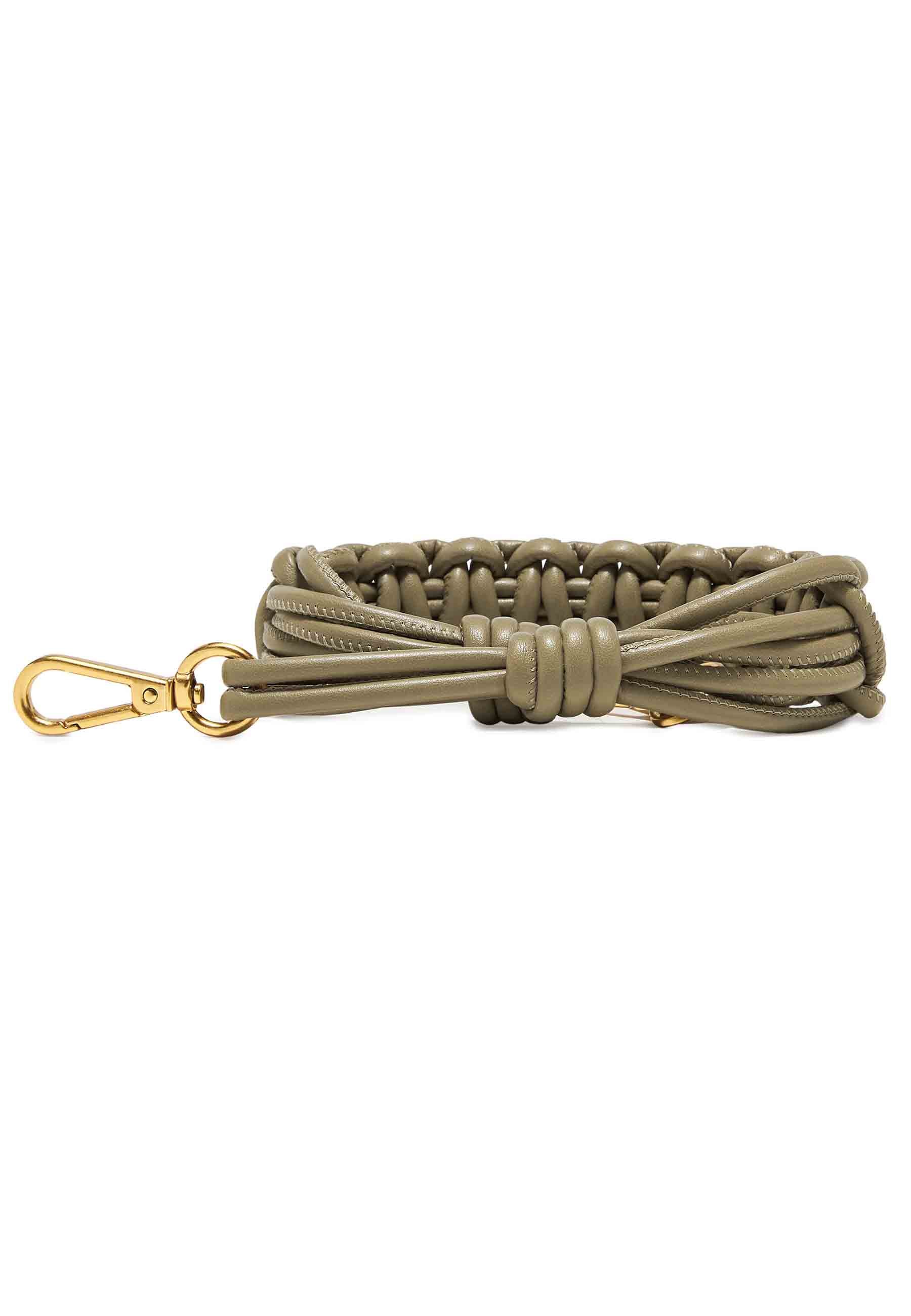 Green woven leather shoulder strap with gold-coloured hooks
