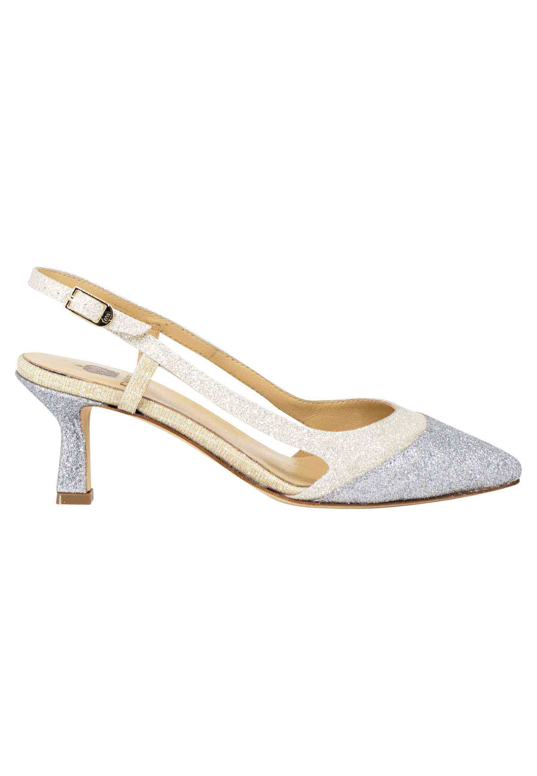 Women's slingback pumps in silver and gold fabric