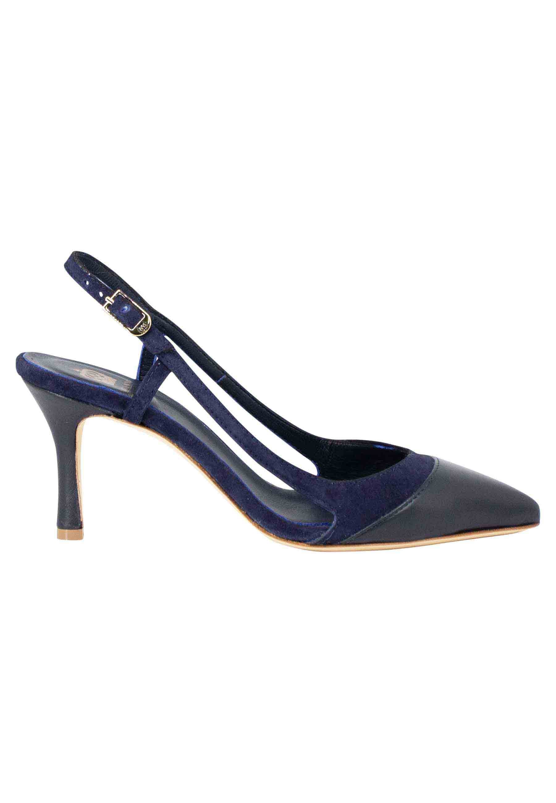 Women's slingback pumps in blue leather and suede with high heel