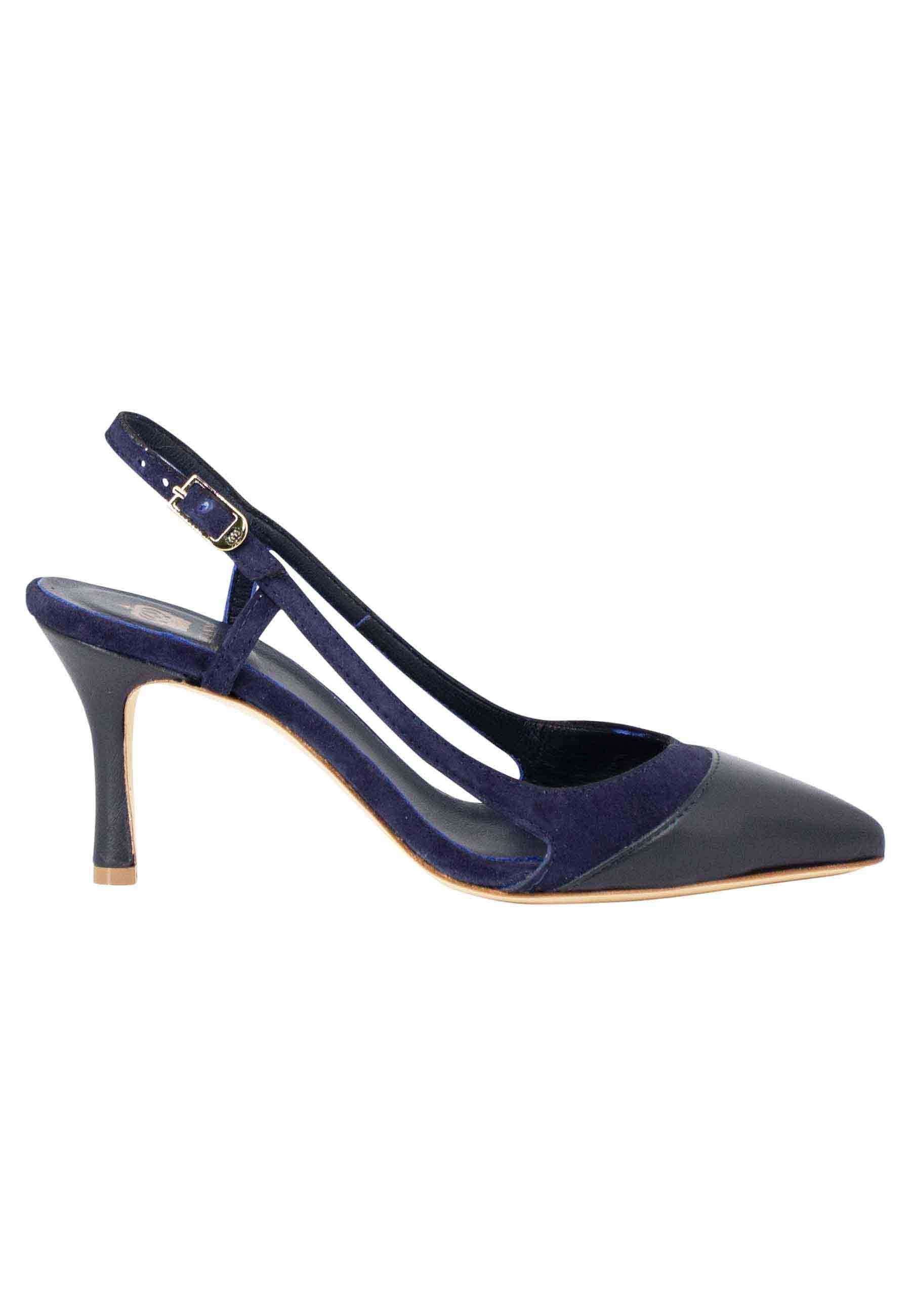 Decollete slingback donna in pelle e camoscio blu tacco alto