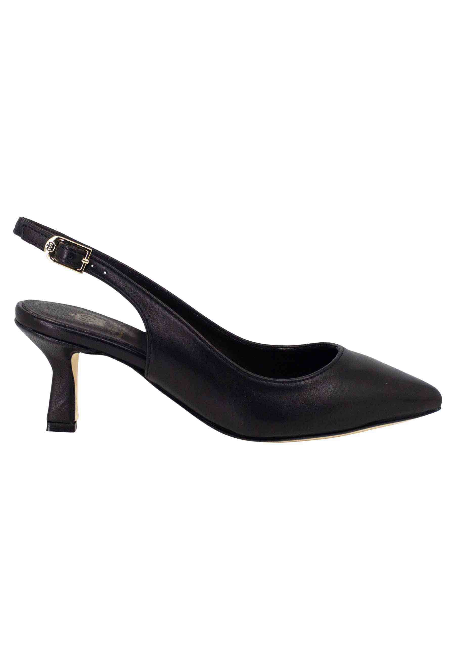 Decollete slingback donna in pelle nera suola in cuoio