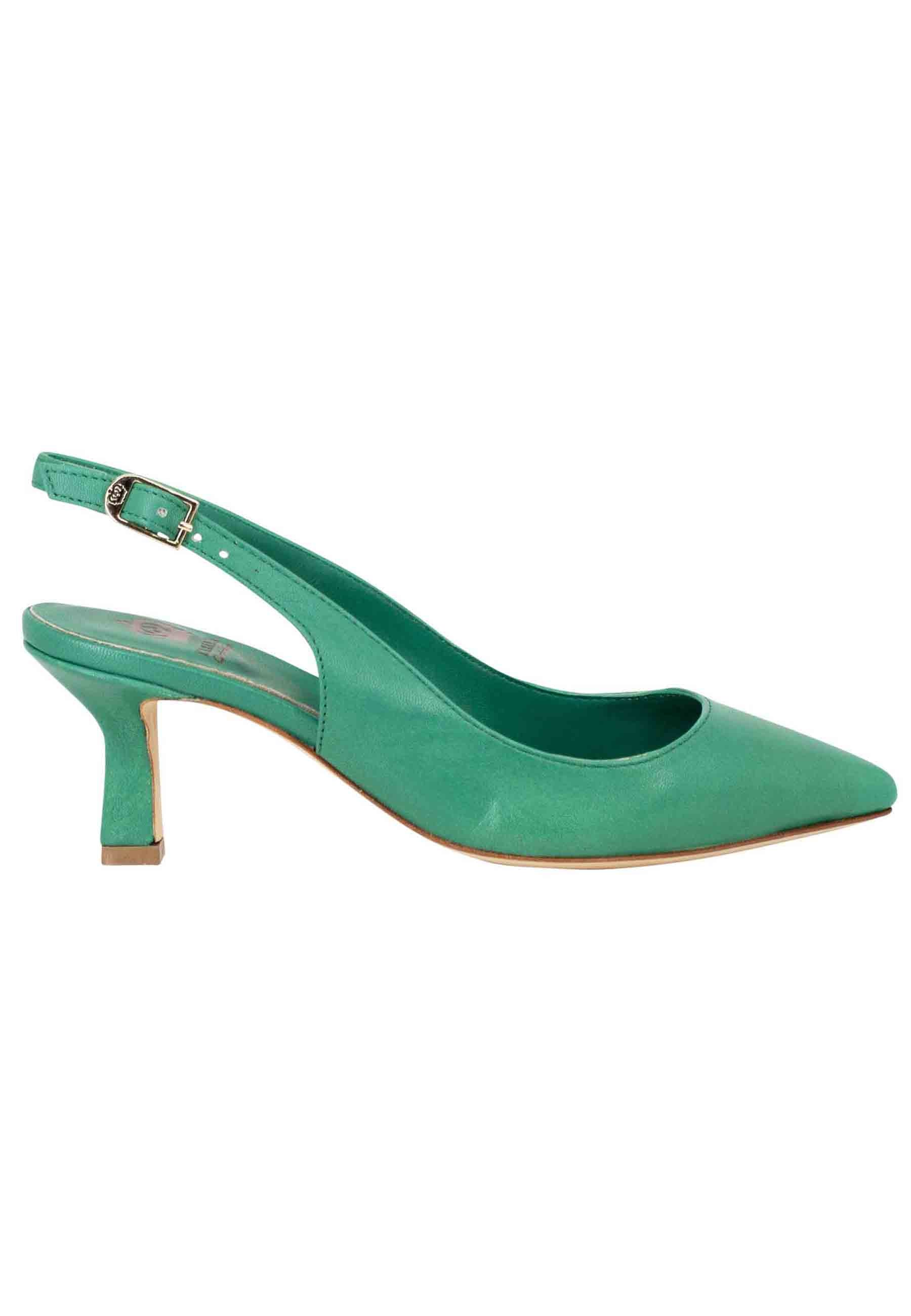 Women's slingback pumps in green leather with leather sole