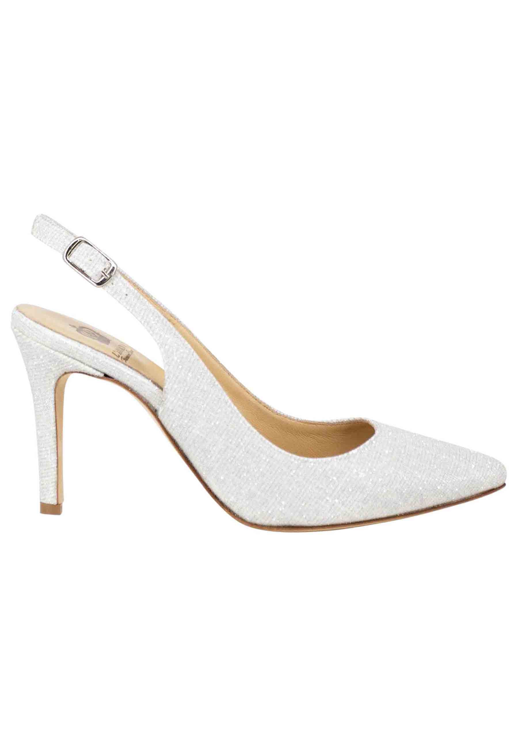 Women's slingback pumps in white glitter fabric with high heel