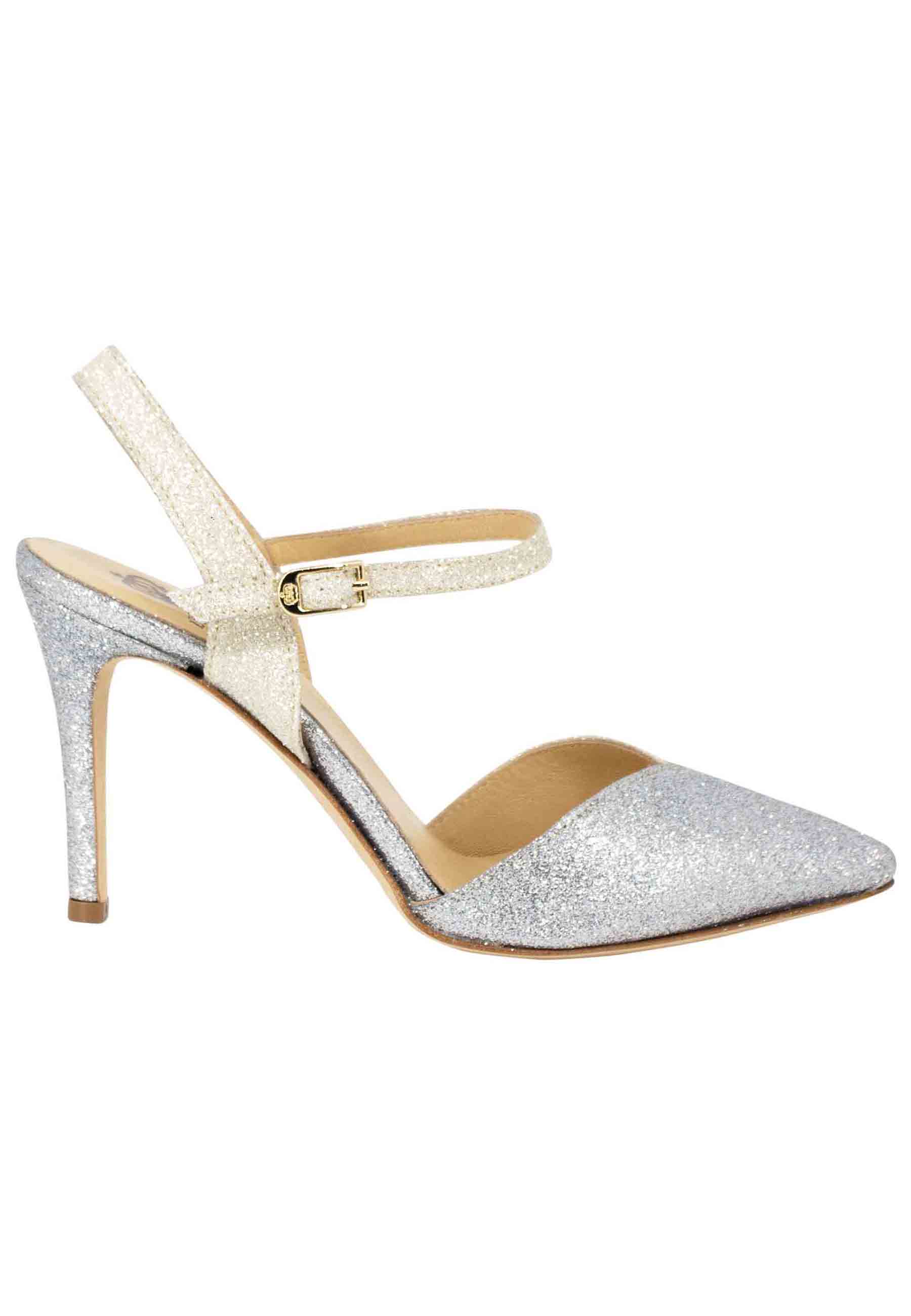 Women's silver glitter sandals with ankle strap